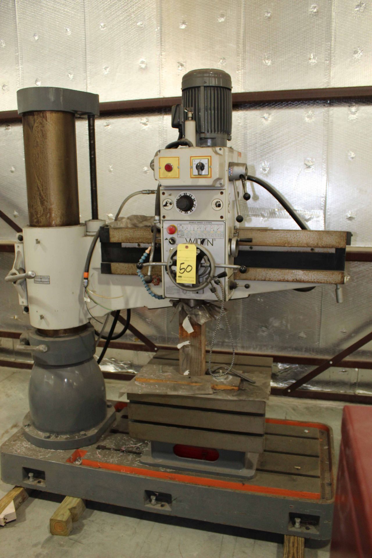 RADIAL ARM DRILL, WILTON 4' X 11" MDL. 1100 FAR, factory cosmoline, plain box table, spds: 44-1500