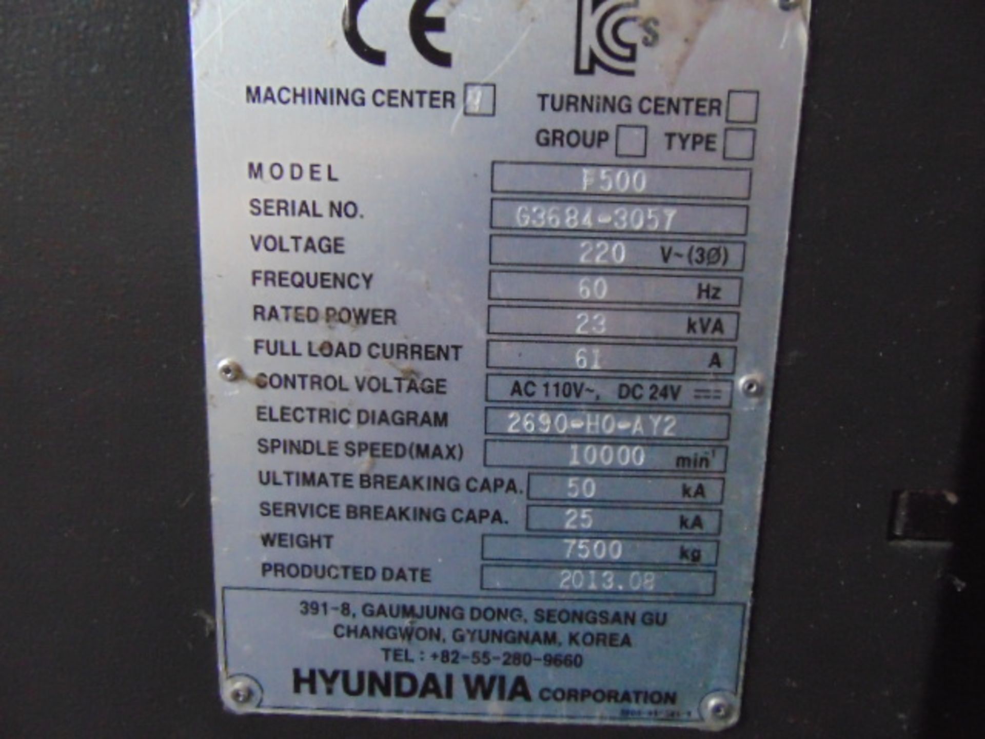 CNC VERTICAL MACHINING CENTER, HYUNDAI WIA MDL. F500 4-AXIS, new 8/2013, Fanuc i Series CNC control, - Image 12 of 16