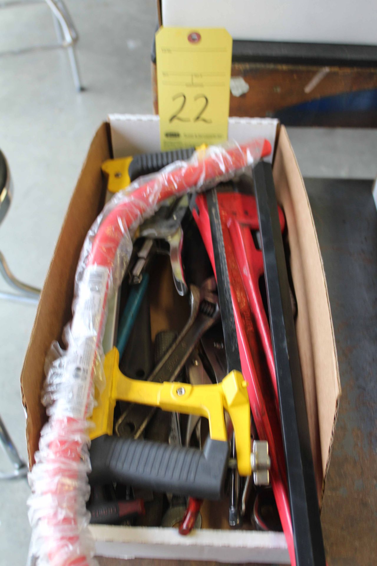 LOT CONSISTING OF: pipe wrench, saws & assorted wrenches (in one box)