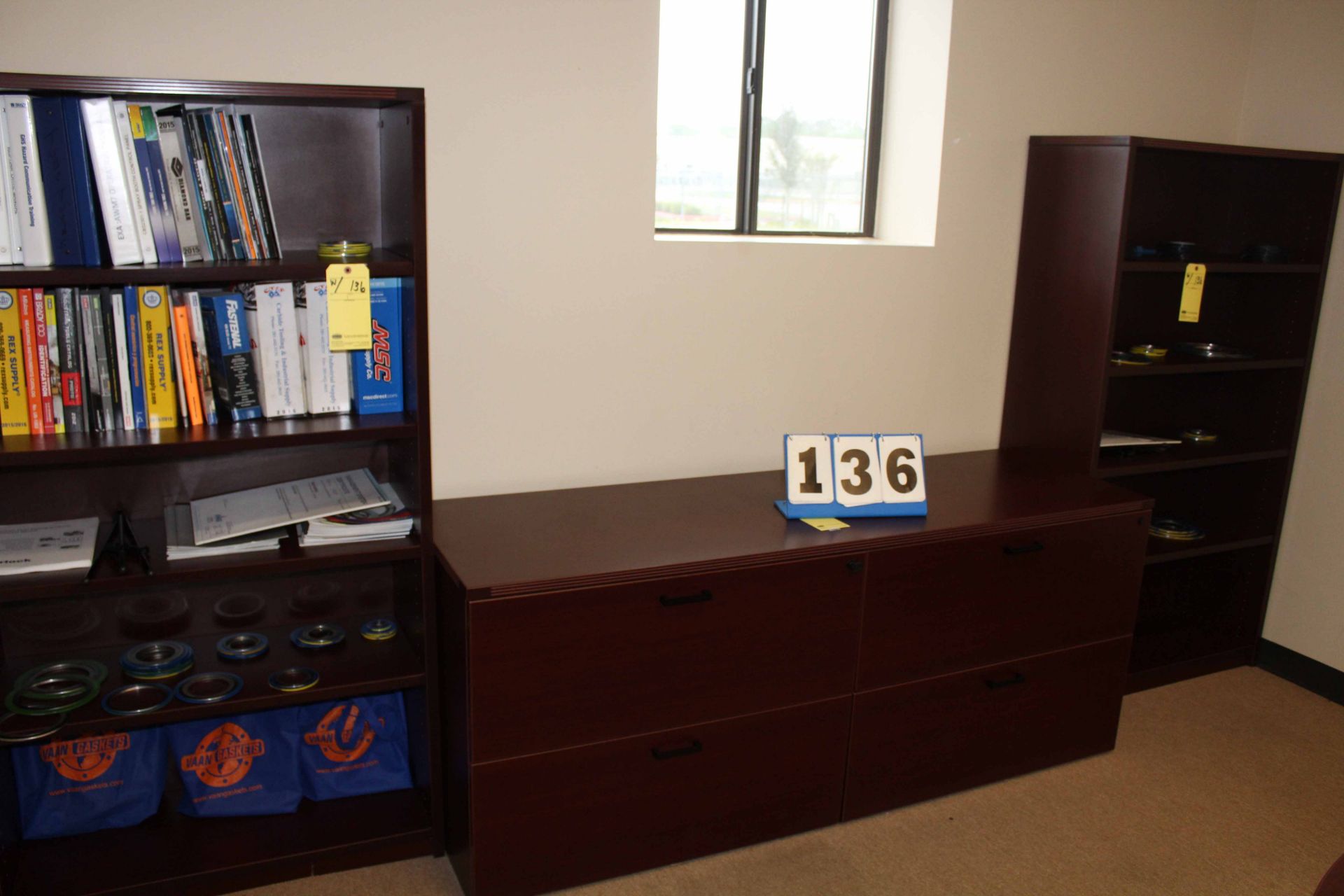 LOT OF OFFICE FURNITURE: credenza & (2) bookshelves