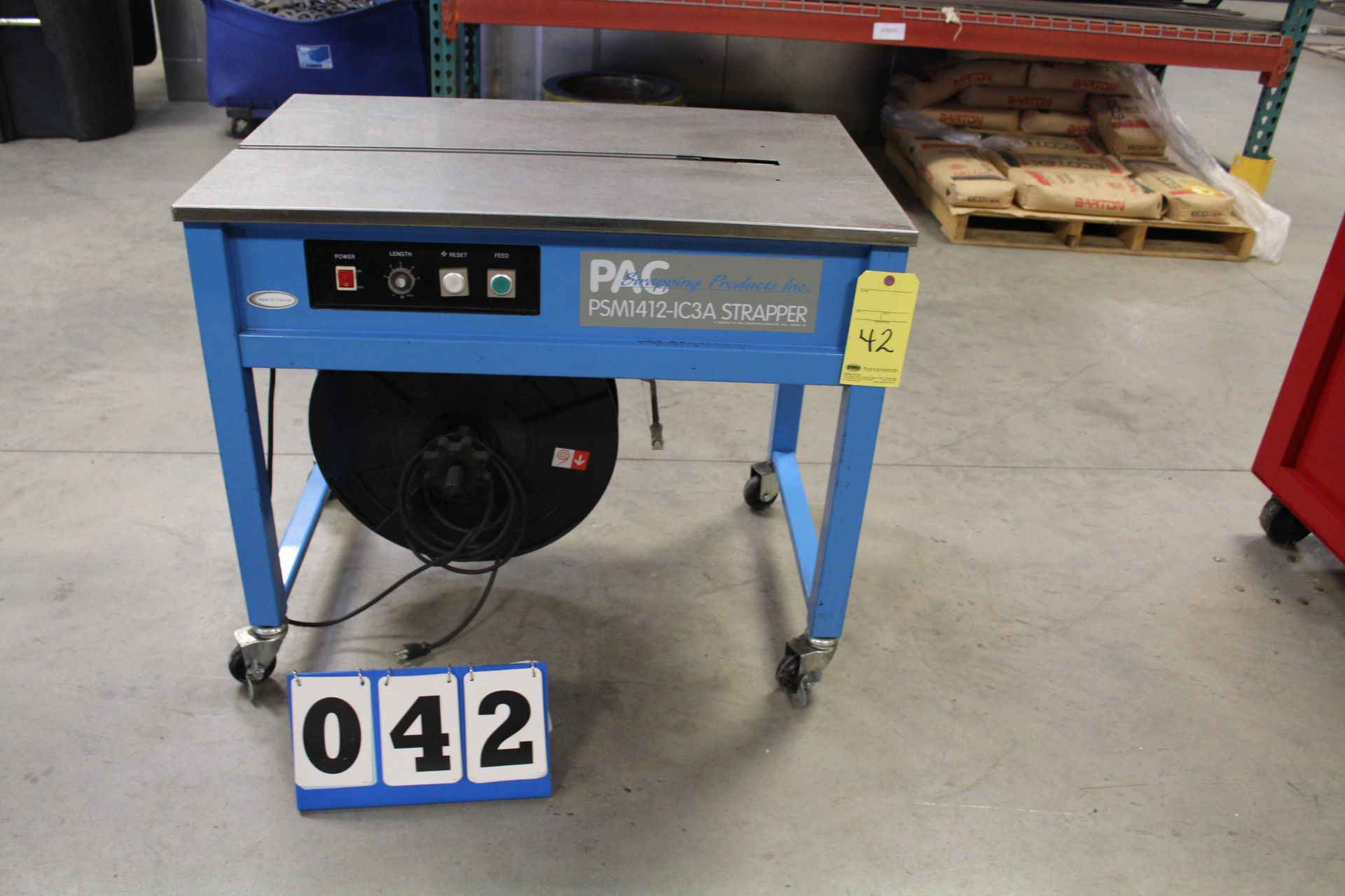 SEMI-AUTOMATIC STRAPPING MACHINE, PAC MDL. PSM1412-IC3A, 1/4" to 5/8" cap.