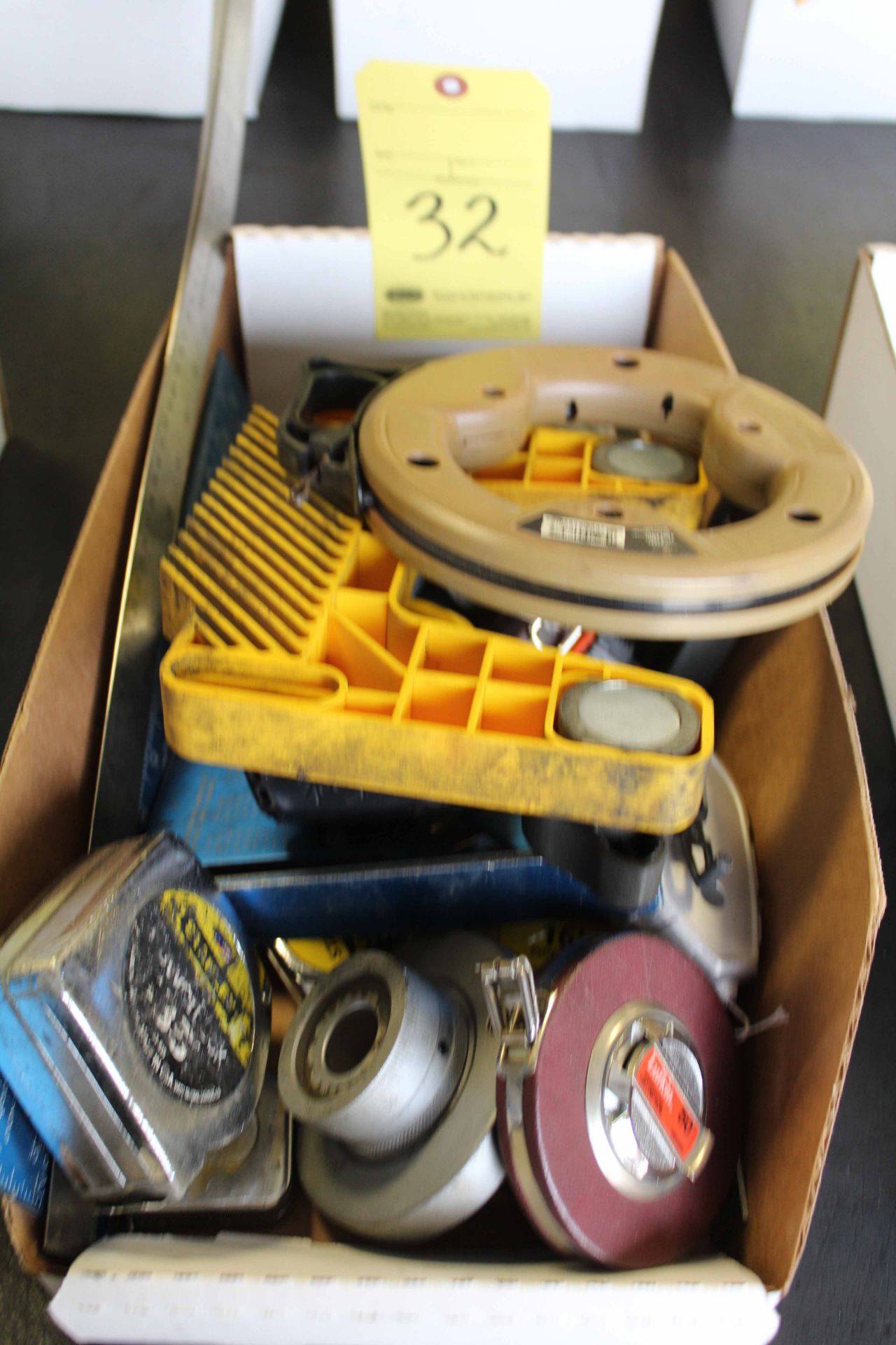 LOT CONSISTING OF: tape measures, fish tape & squares (in one box)