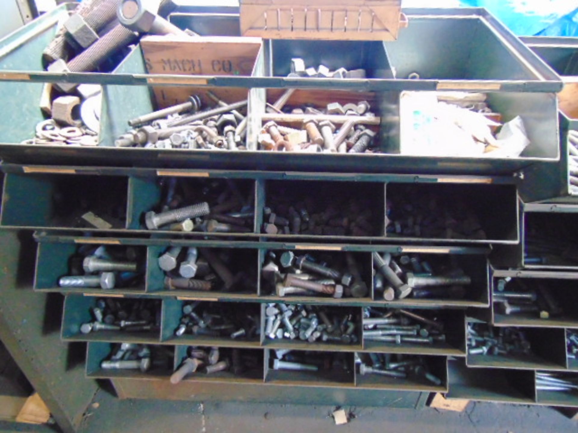 LOT CONSISTING OF: assorted nuts, bolts, hardware, steel bins & (2) sections of shelving - Image 3 of 5