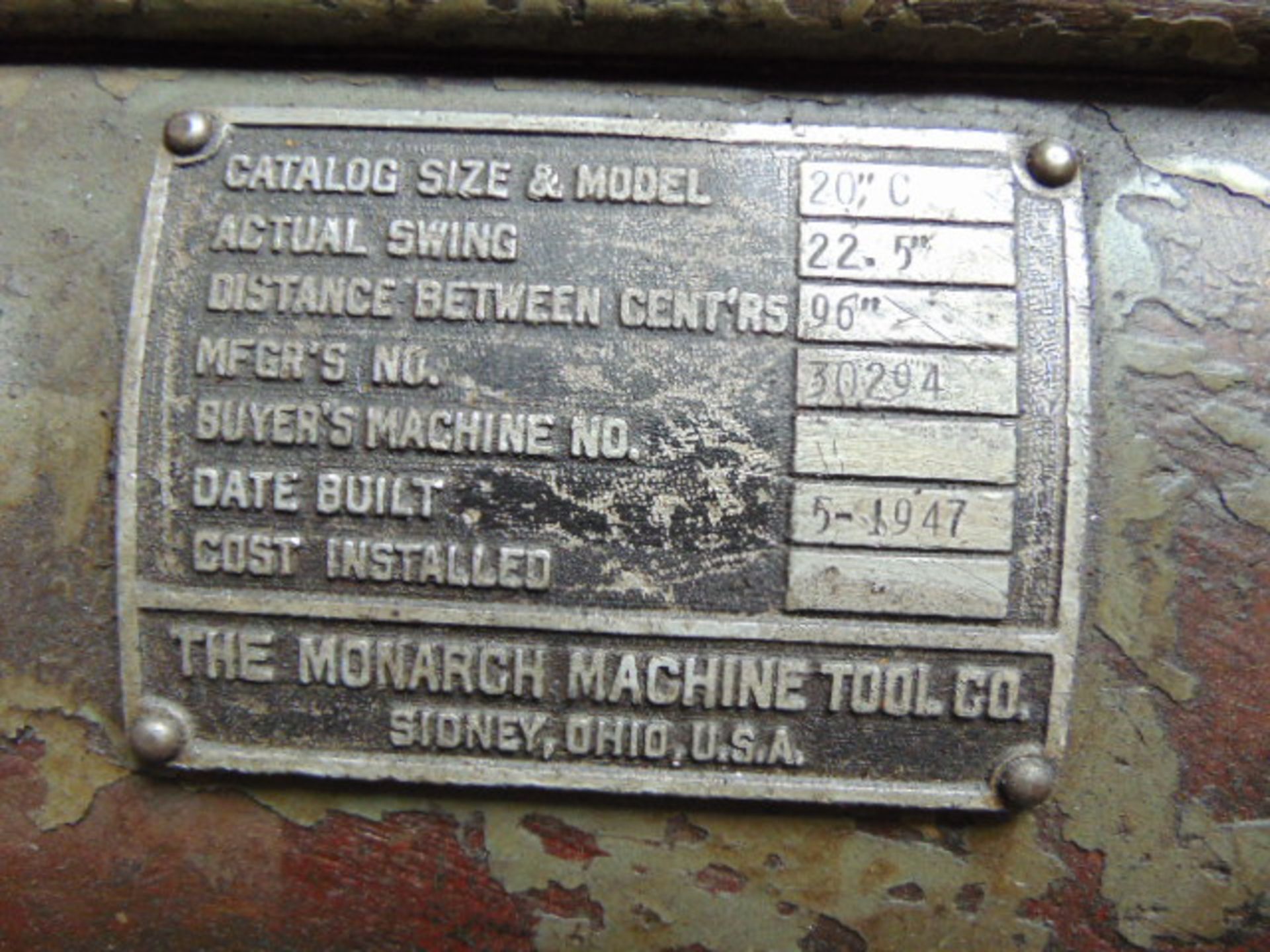 LATHE, MONARCH 22" X 96" MDL. C, 1-1/2" spdl. bore, spds: 12-487 RPM, steadyrest, 4-jaw chuck, S/N - Image 8 of 8