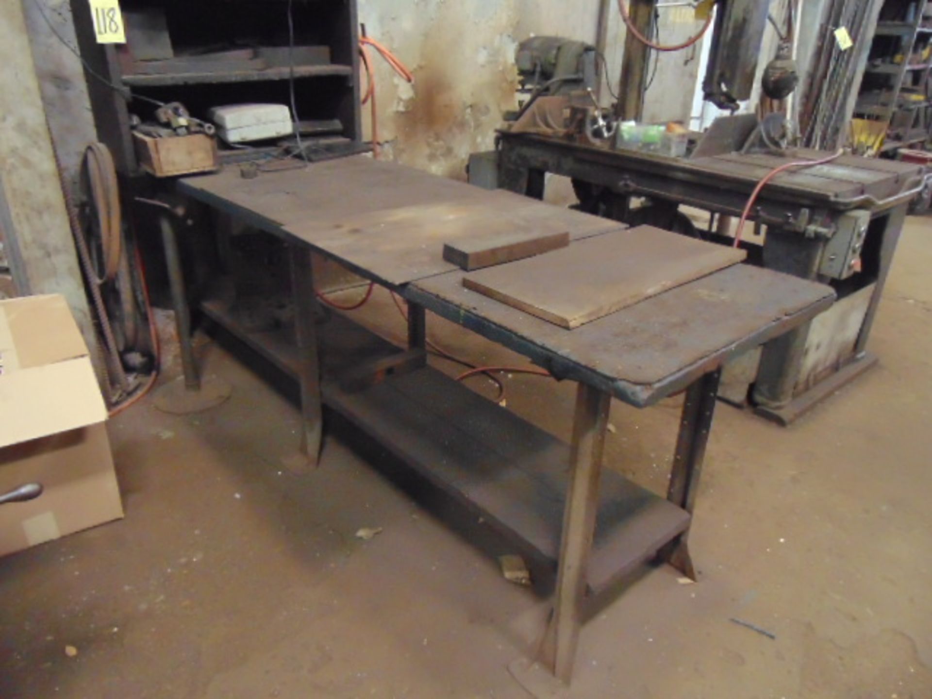 WORKBENCH WITH TIE DOWN TOOLING AND VERTICAL BAND SAW BLADES (3), SPARE ROLLERS AND BELTS