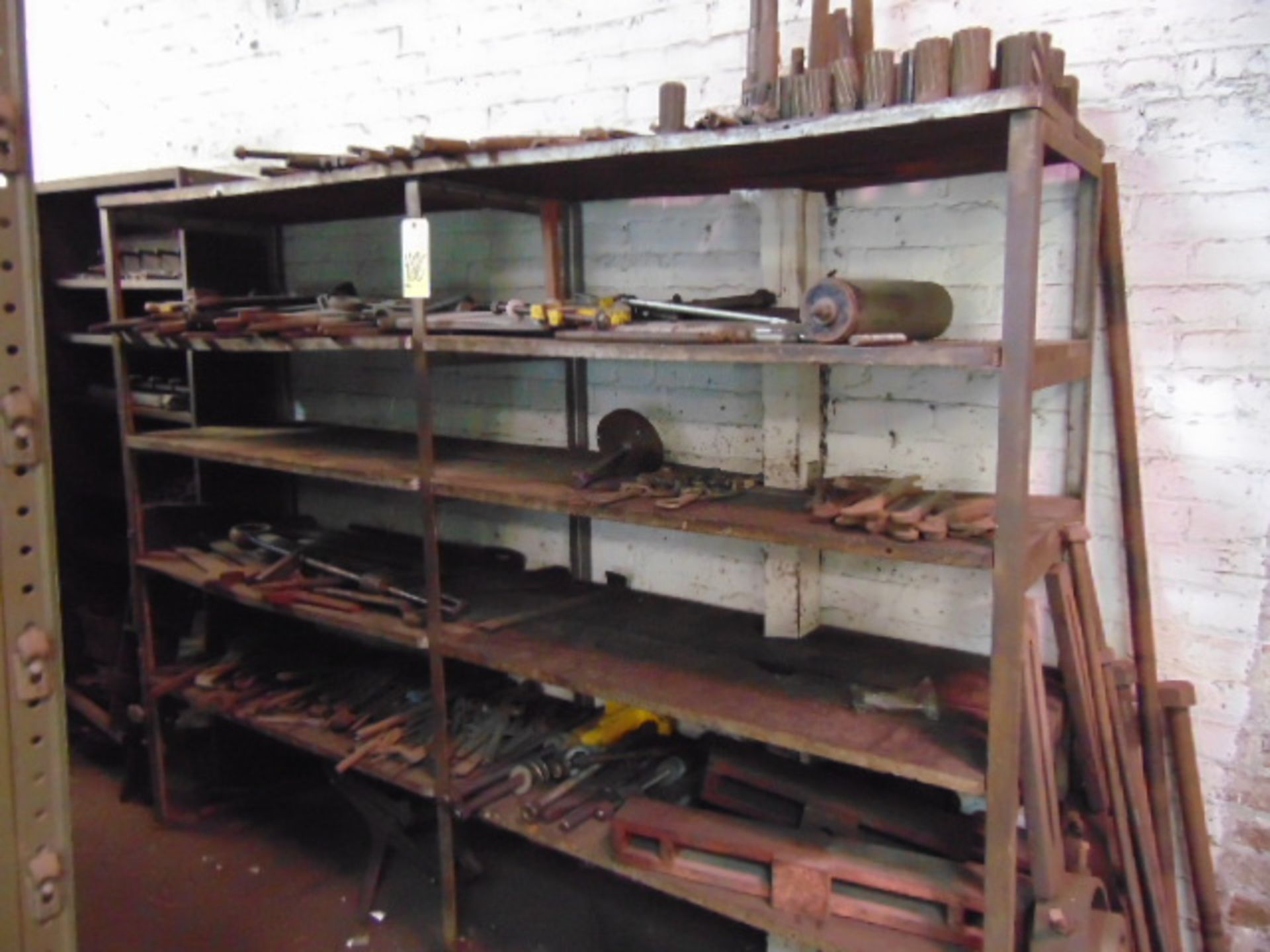 LOT CONSISTING OF: assorted wrenches, taps, reamers, misc. & (3) sections of shelving