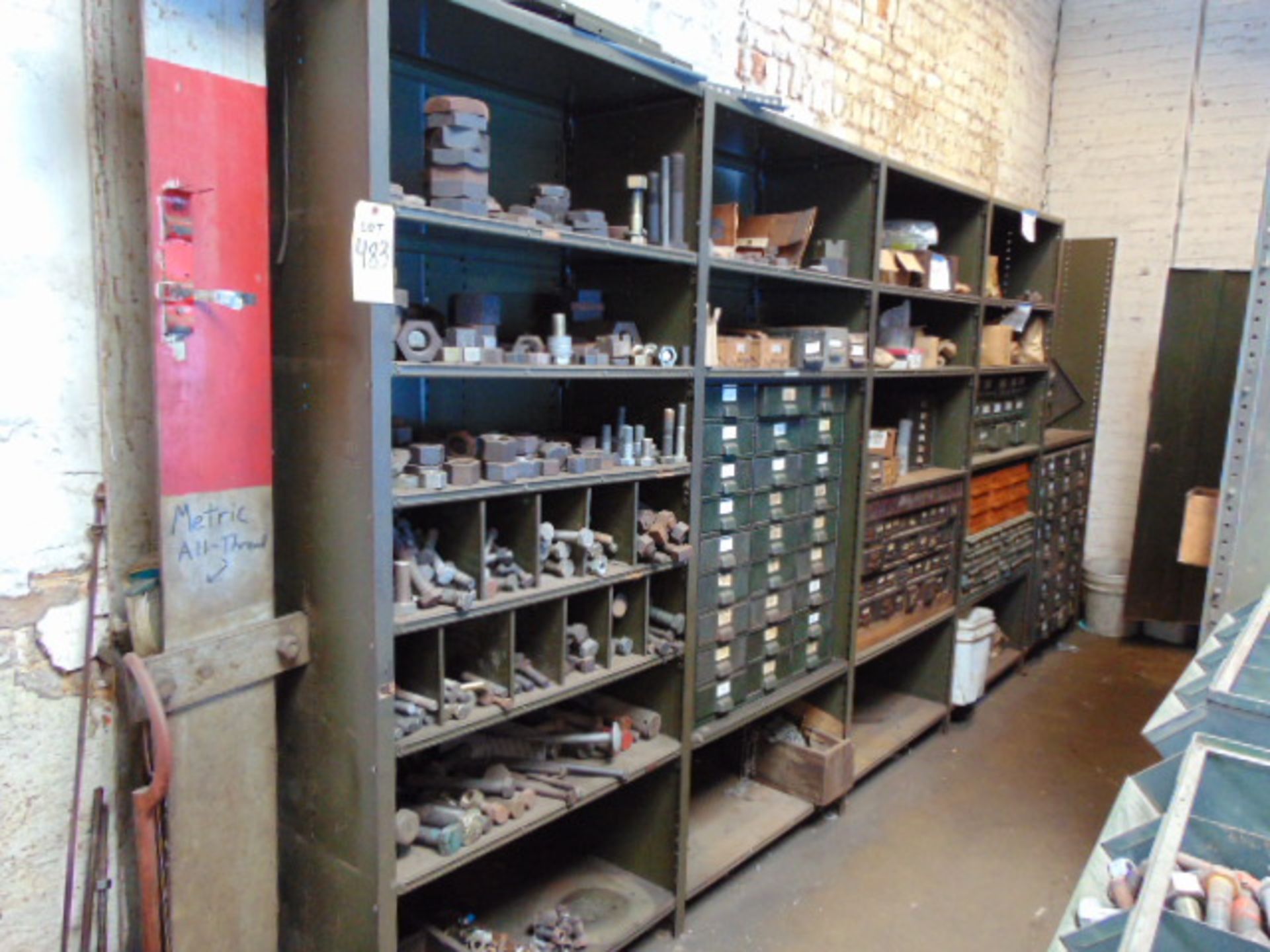 LOT CONSISTING OF: assorted nuts, bolts, hardware & (5) sections of shelving