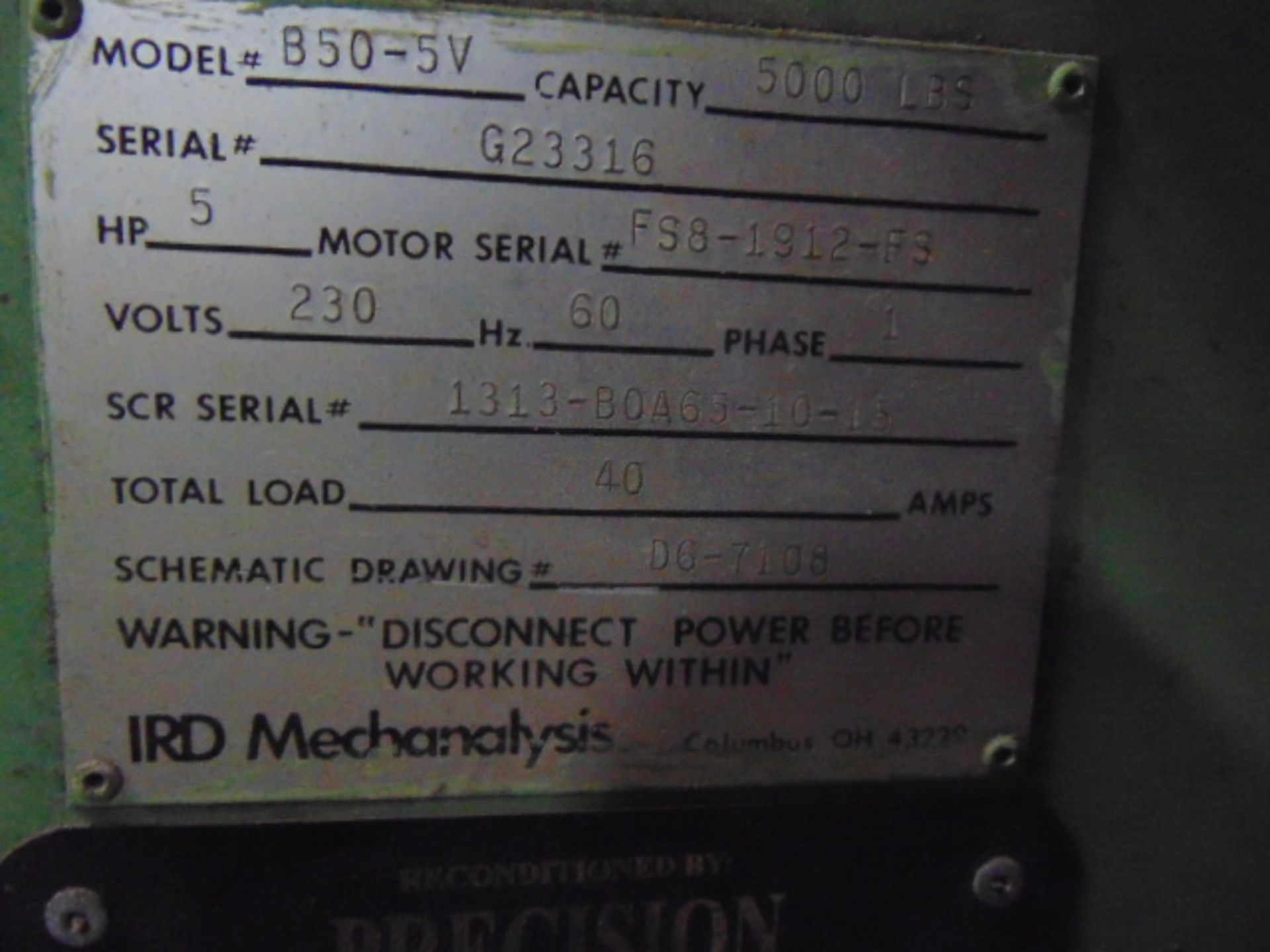 ROTATIONAL BALANCER, IRD MECHANALYSIS 5,000 LB. CAP., MDL. B50-5V, 5 HP drive, 60" max. dist. btn. - Image 5 of 5