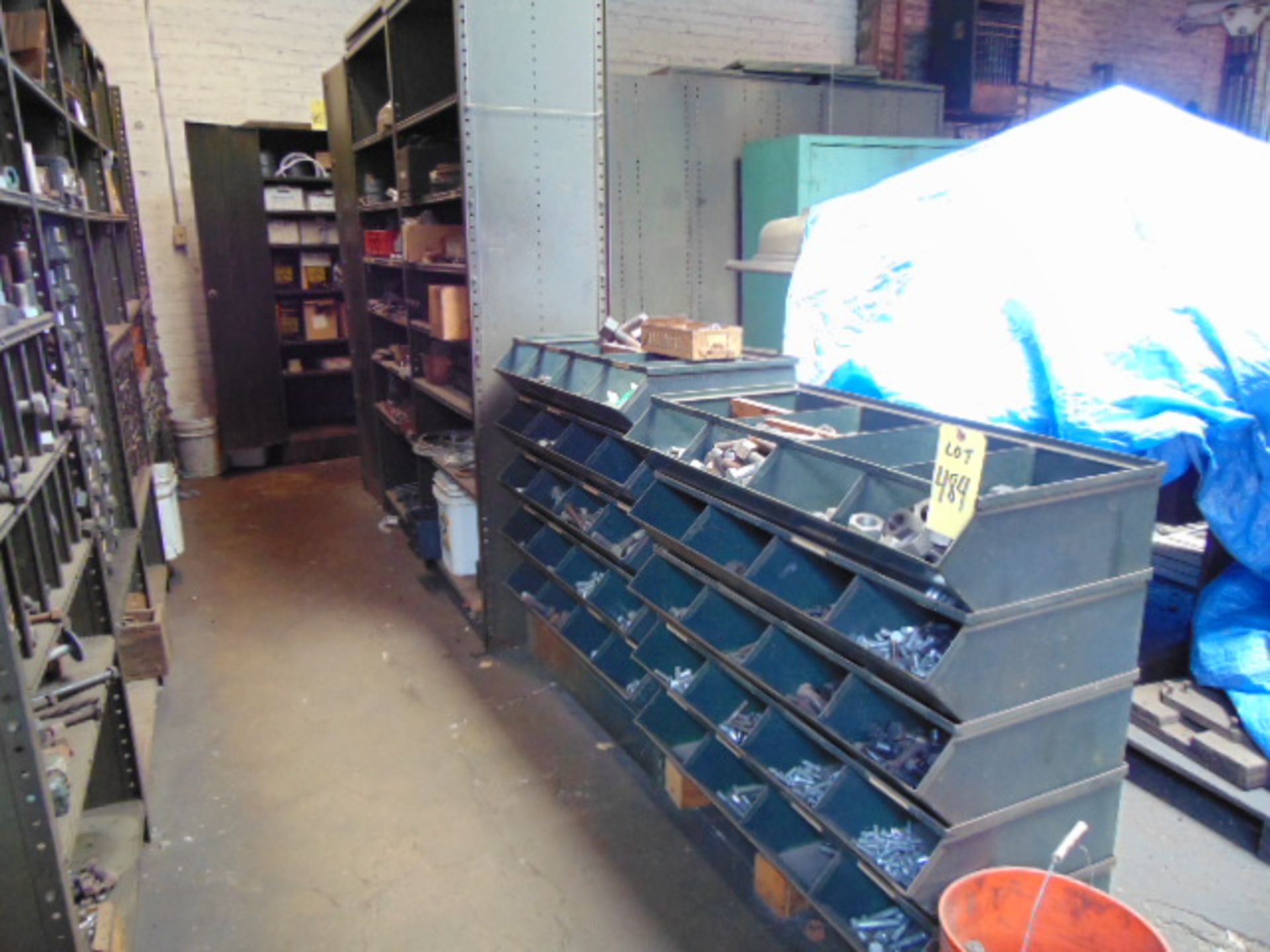 LOT CONSISTING OF: assorted nuts, bolts, hardware, steel bins & (2) sections of shelving