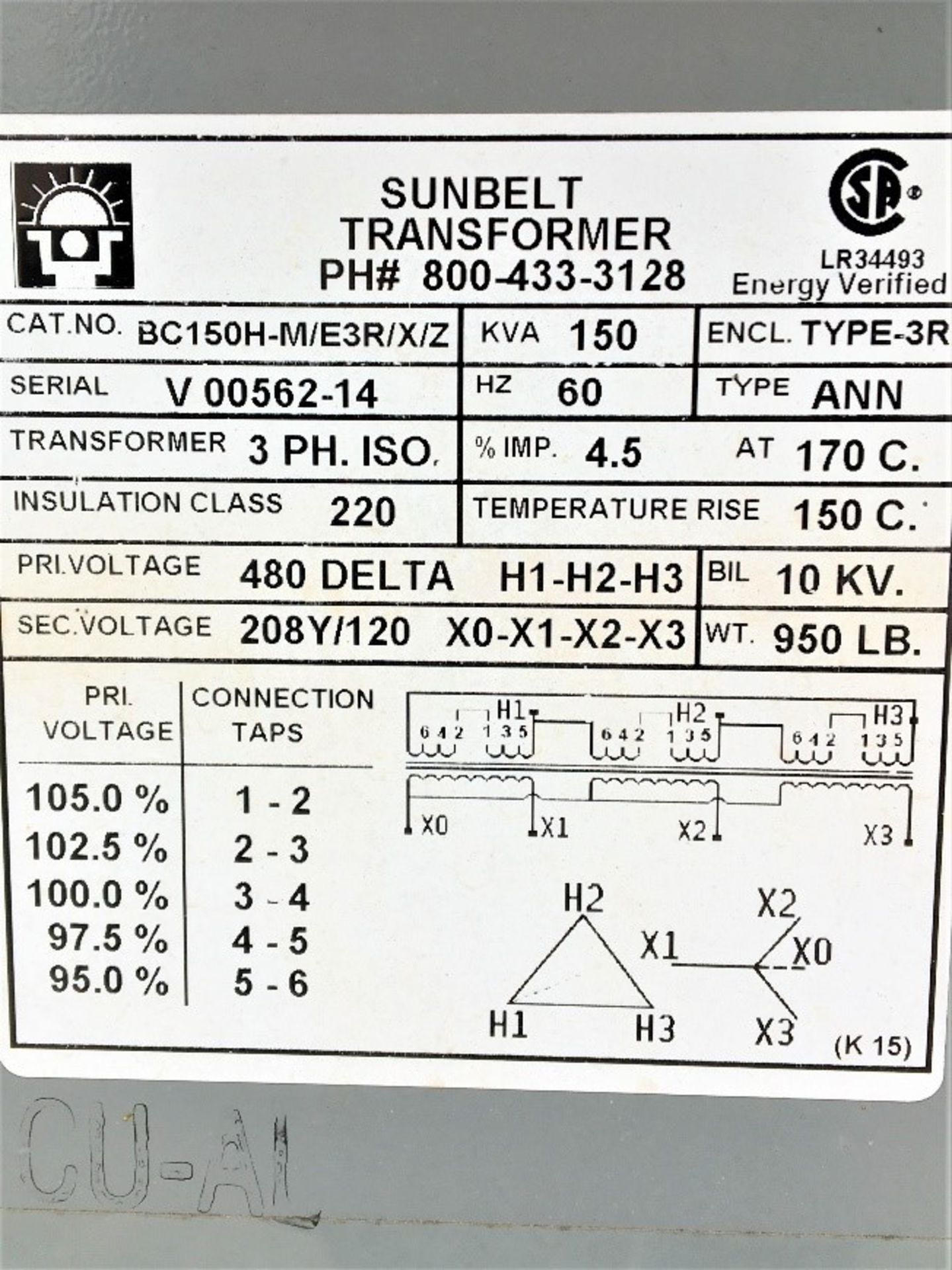 TRANSFORMER, SUNBELT, 3-phase ISO, 480 Delta volts primary, 208Y/120 volts secondary, 150 KVA, 60 - Image 3 of 4