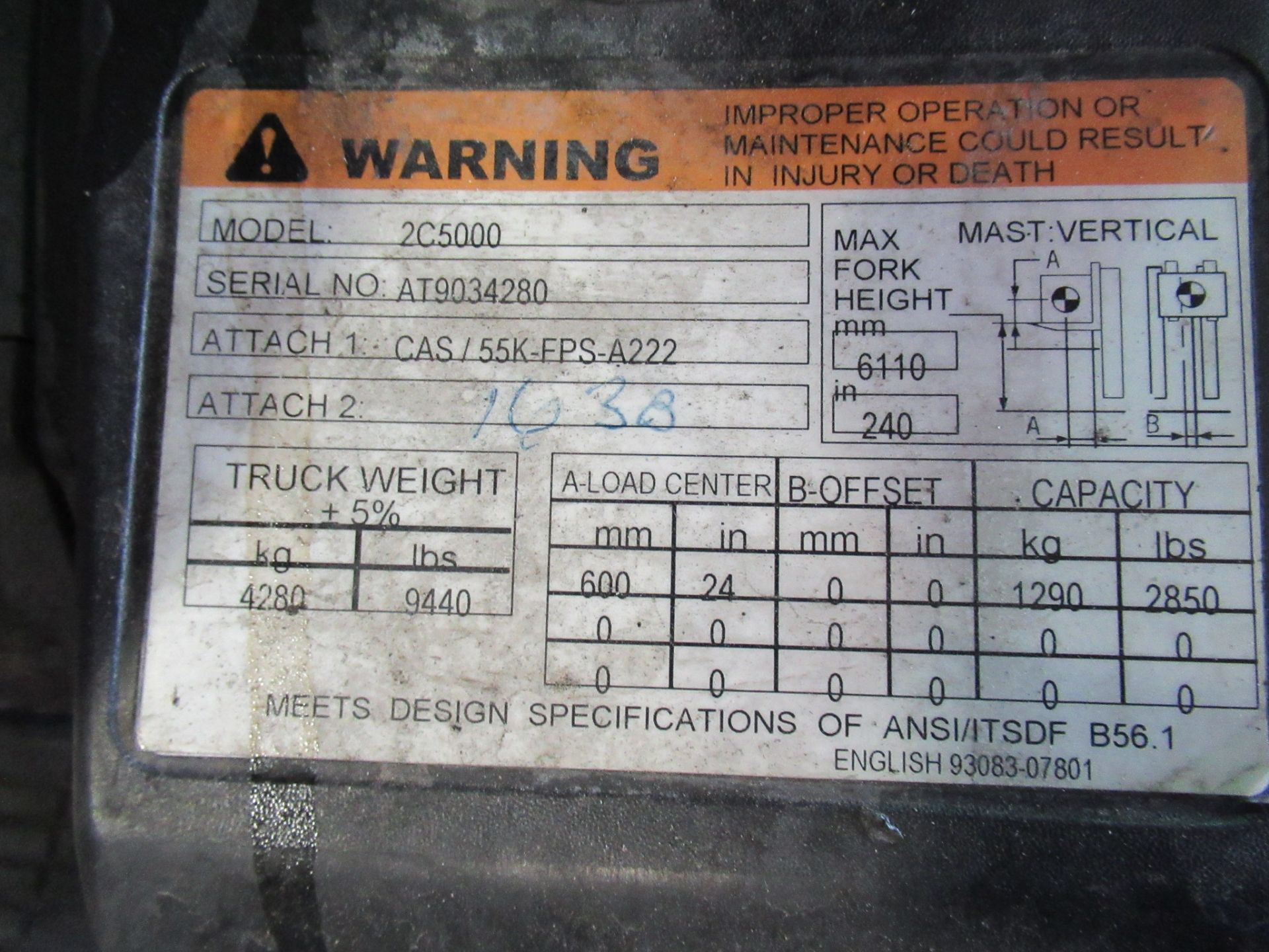 FORKLIFT, CATERPILLAR 5,000 LB. CAP. MDL. 2C5000, new 2012, LP pwrd., rated at 2,850 lbs. @ 24" load - Image 7 of 7