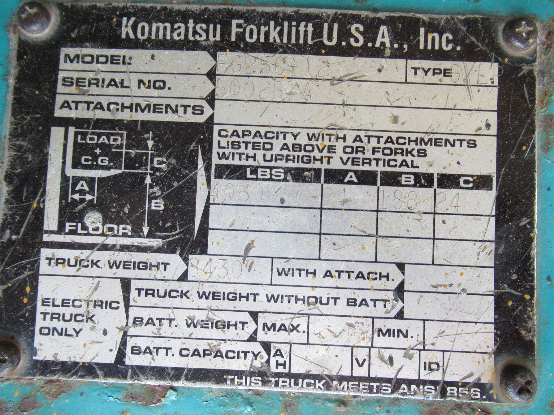 FORKLIFT, KOMATSU 4,000 LB. CAP. MDL. FG25L-12, new 1996, LP pwrd., 3-stage mast, 188" lift ht., S/N - Image 3 of 3