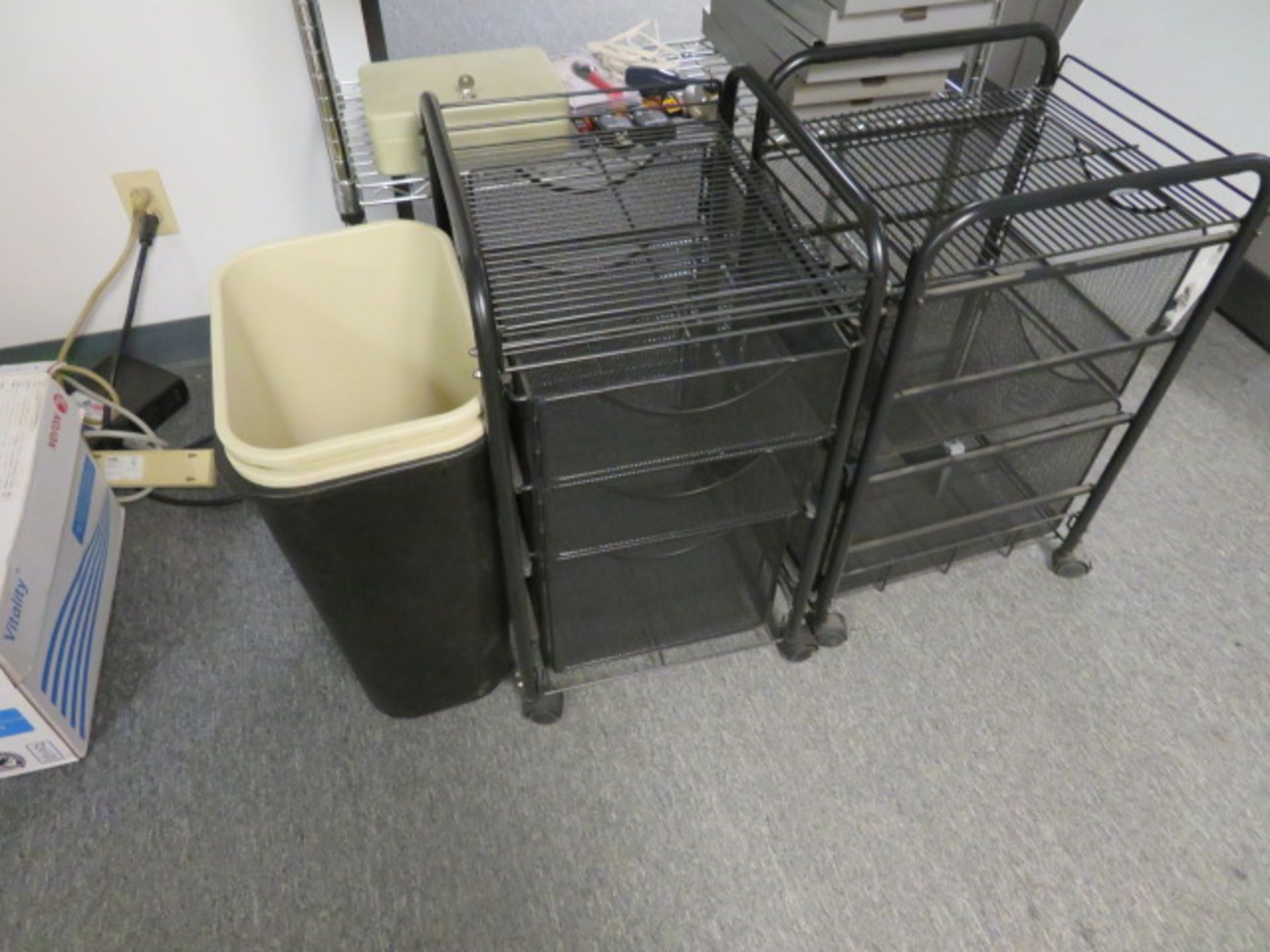 LOT CONSISTING OF: 4-shelf storage rack, (2) rolling wire file storage units, (3) trash cans, - Image 5 of 6