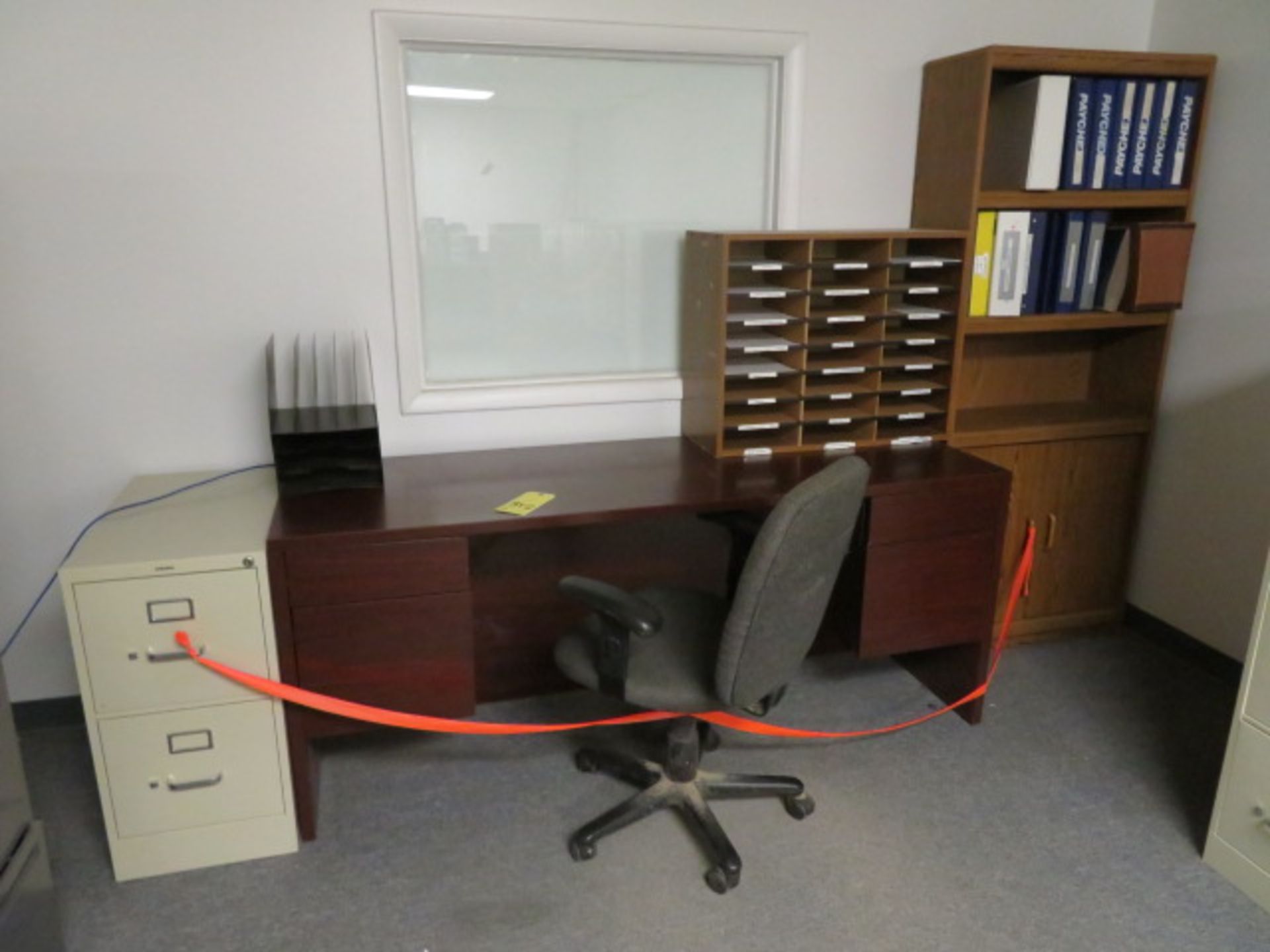 LOT CONSISTING OF OFFICE FURNITURE: 4-drawer desk, chair, 2-drawer file cabinet, multiple file