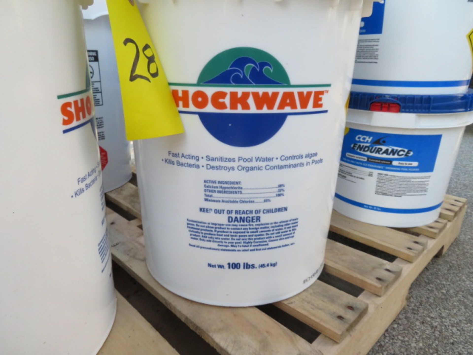 LOT OF SHOCKWAVE SANITIZER, CALCIUM HYPOCHLORITE, (4) sealed 100 lb. buckets)