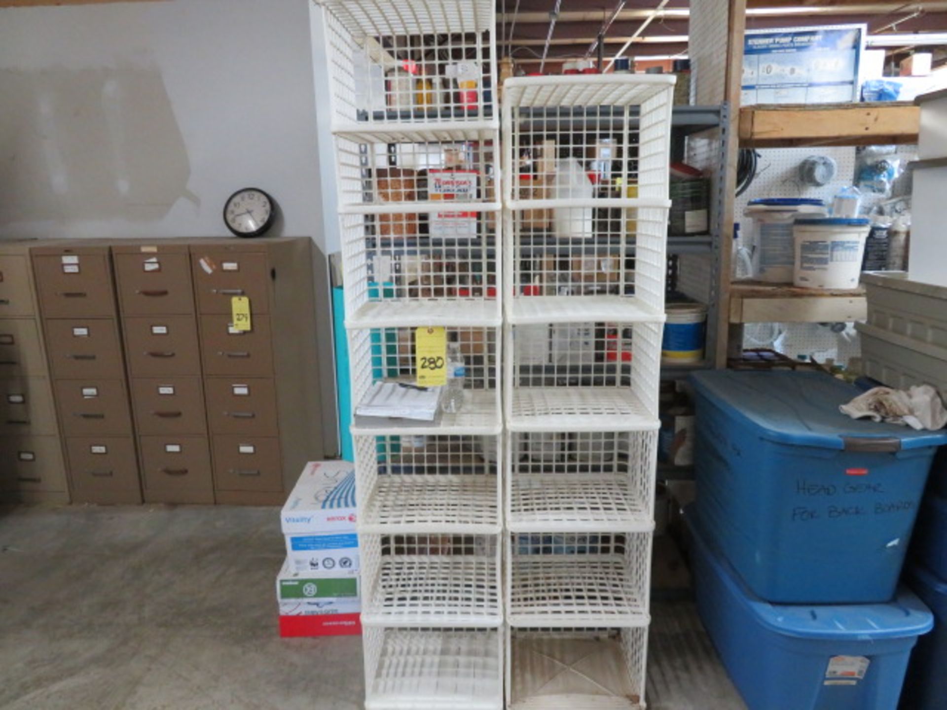 LOT OF STORAGE ITEMS: stacked crates, totes (with & without lids), baskets, assorted