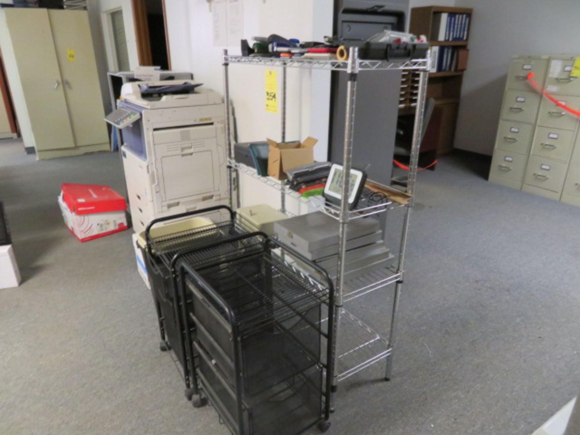 LOT CONSISTING OF: 4-shelf storage rack, (2) rolling wire file storage units, (3) trash cans, - Image 6 of 6