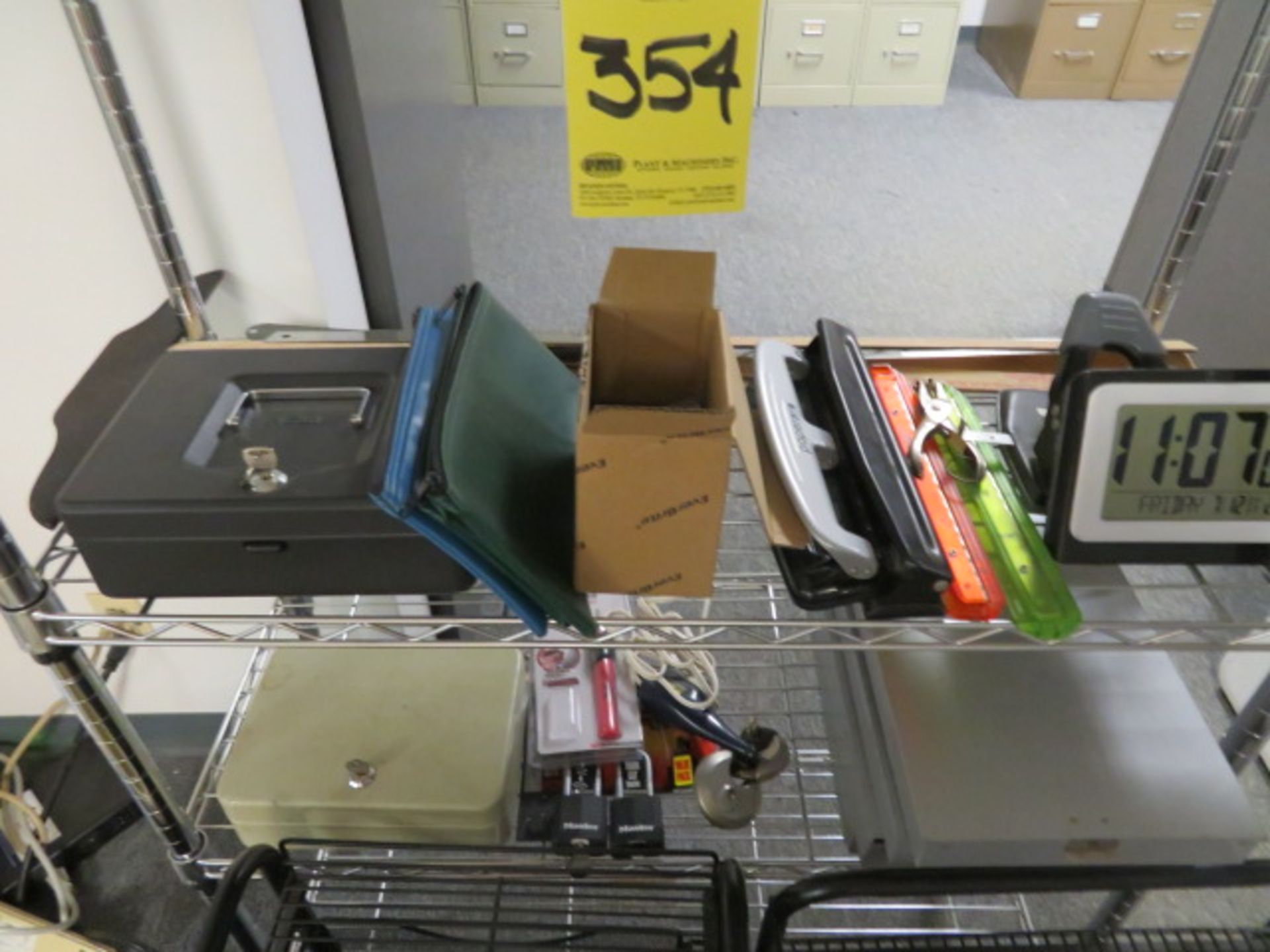 LOT CONSISTING OF: 4-shelf storage rack, (2) rolling wire file storage units, (3) trash cans, - Image 3 of 6