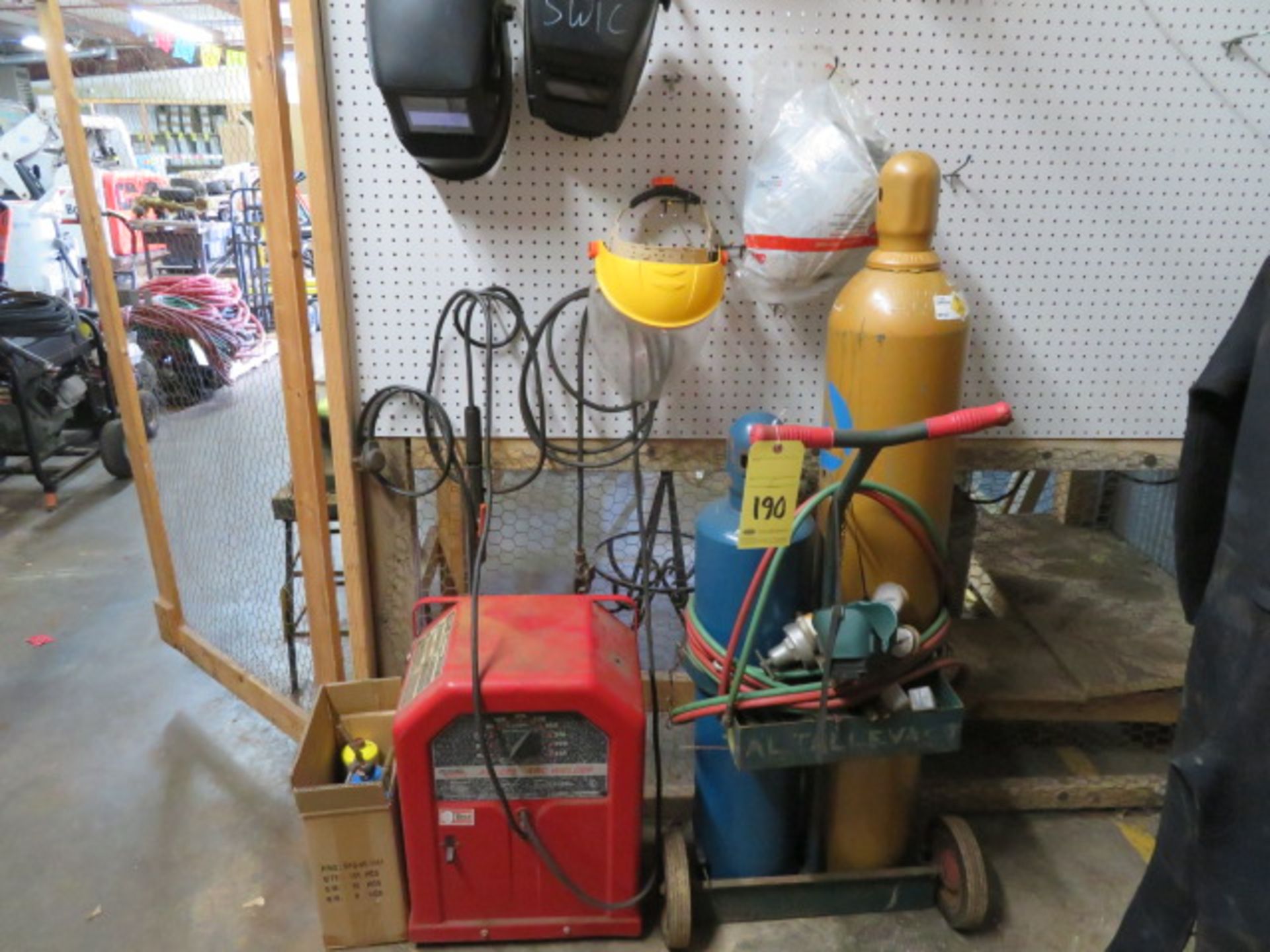 LOT CONSISTING OF: cutting torch (gas & air tanks included), w/cart & valves, arc welder, w/helmets, - Image 5 of 5