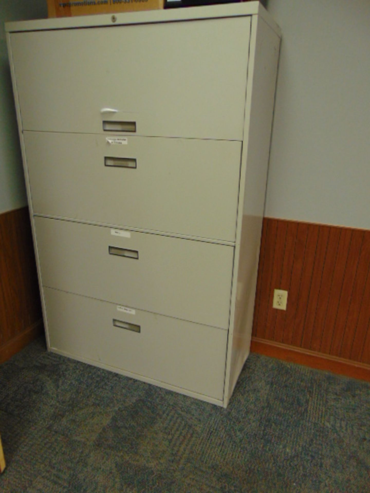 LOT CONSISTING OF: V-shaped wood desk, round table, portable white board, lateral file cabinet & (3) - Image 2 of 3