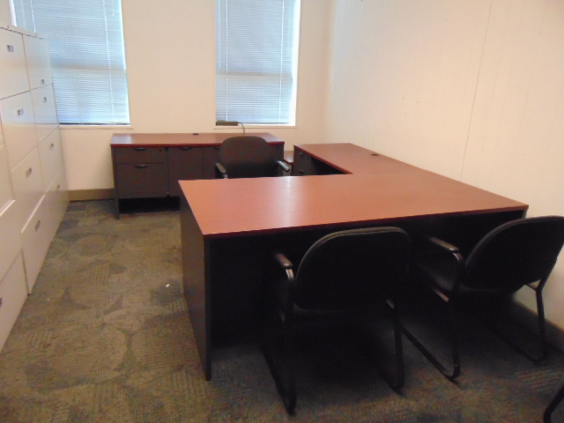 LOT CONSISTING OF: L-shaped desk, credenza & (3) lateral file cabinets, (4) chairs