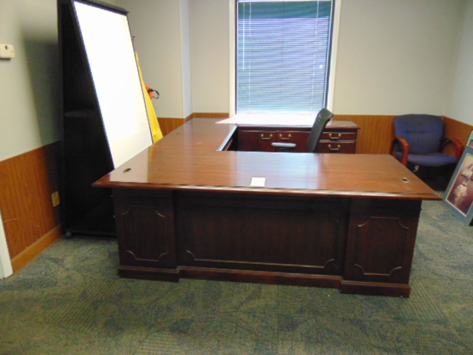 LOT CONSISTING OF: V-shaped wood desk, round table, portable white board, lateral file cabinet & (3)