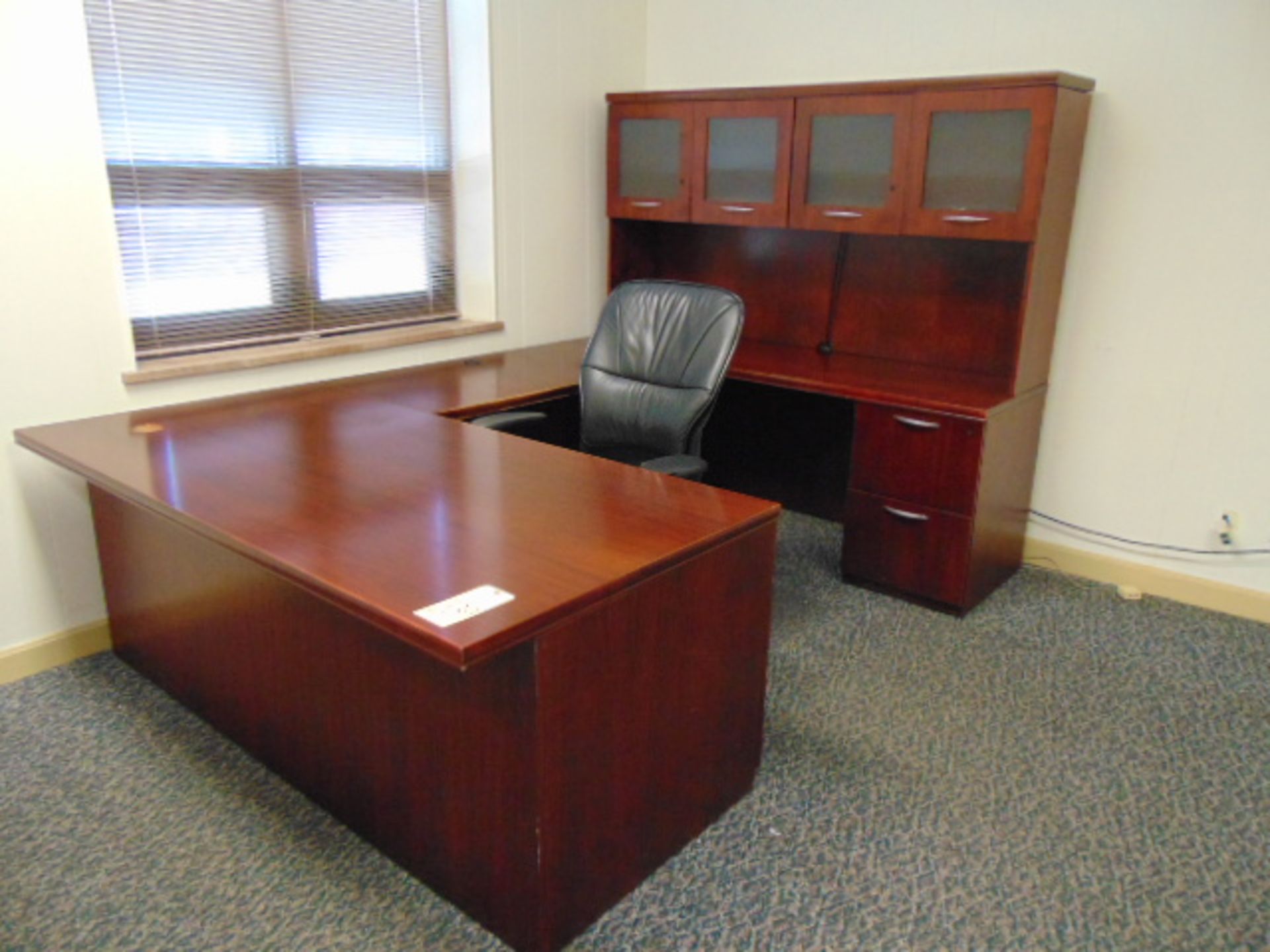 LOT CONSISTING OF: V-shaped wood desk, lateral file cabinet, bookcase, round table & (5) chairs