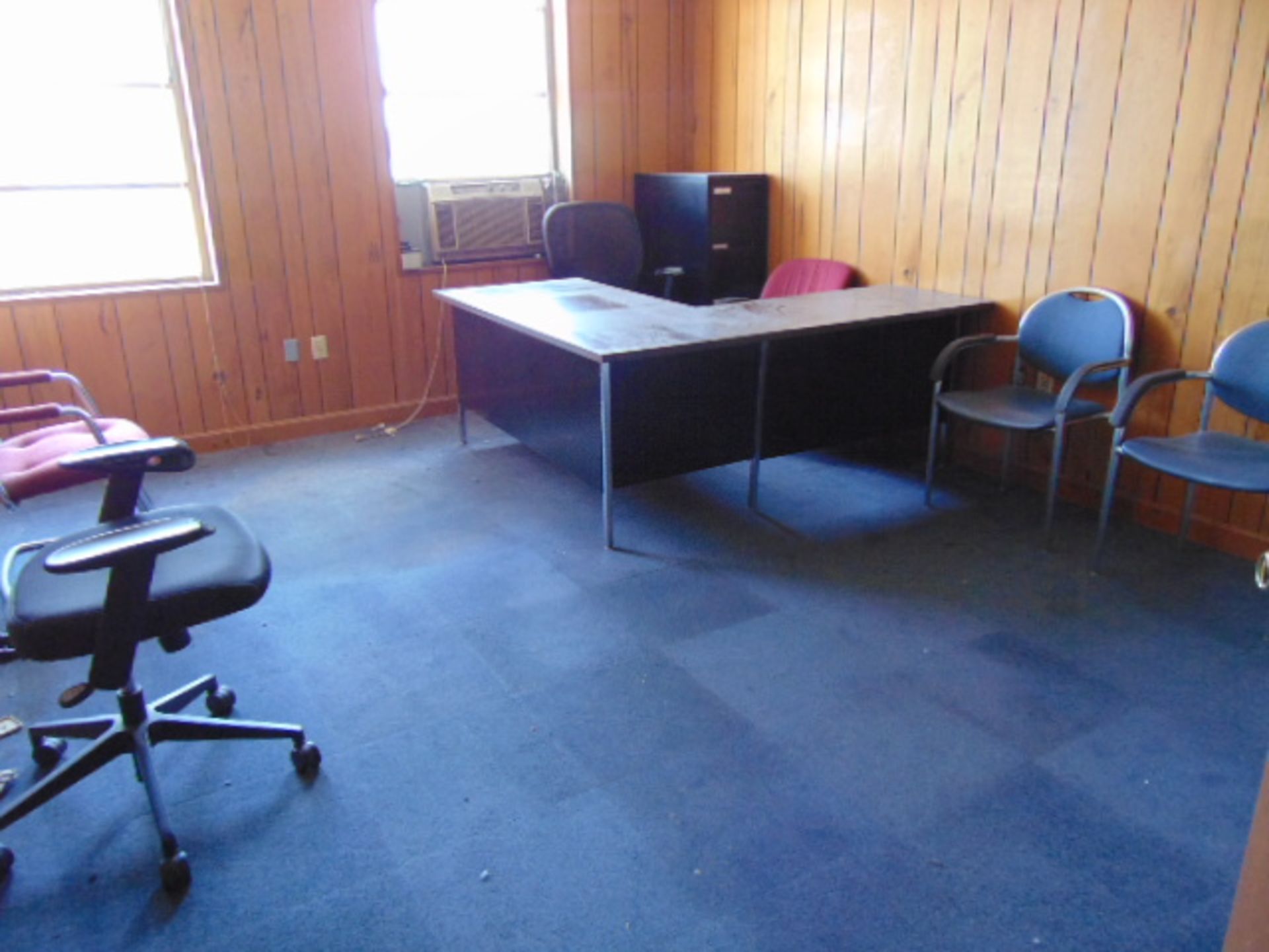 LOT CONSISTING OF: desk, (3) file cabinets & (4) chairs (located upstairs)