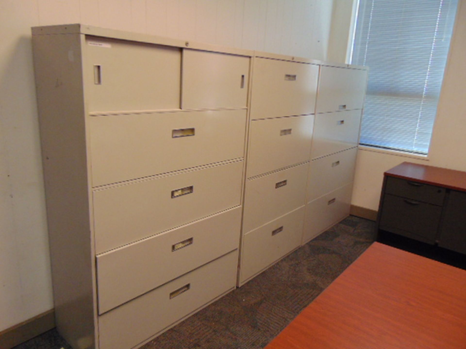 LOT CONSISTING OF: L-shaped desk, credenza & (3) lateral file cabinets, (4) chairs - Image 2 of 2