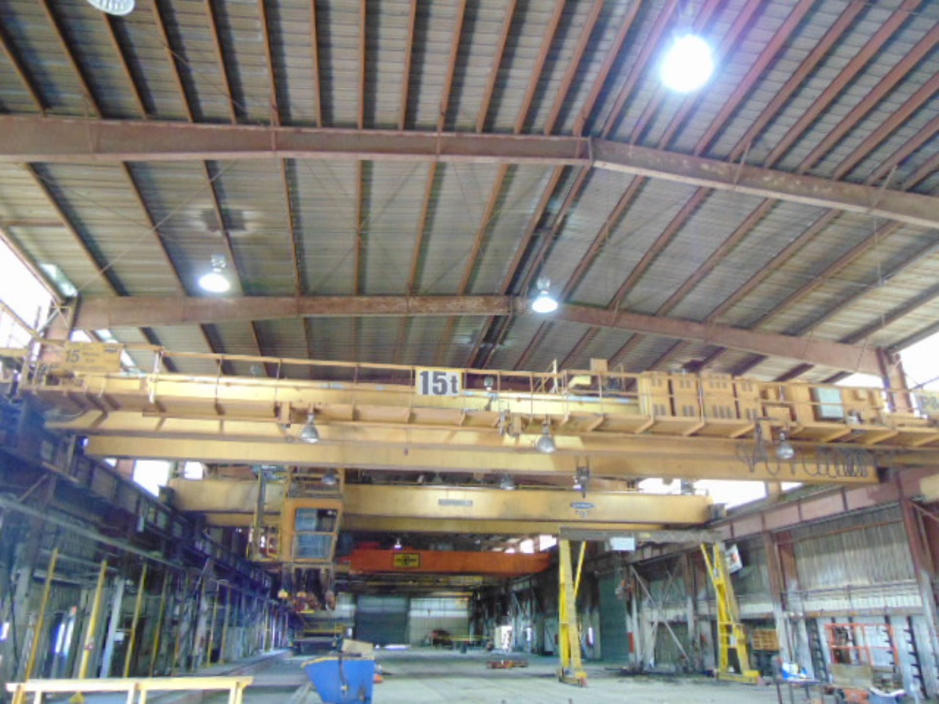 OVERHEAD BRIDGE CRANE, P&H 15 T. X APPROX. 75'-6" SPAN, top running, dbl. box girder, radio control,