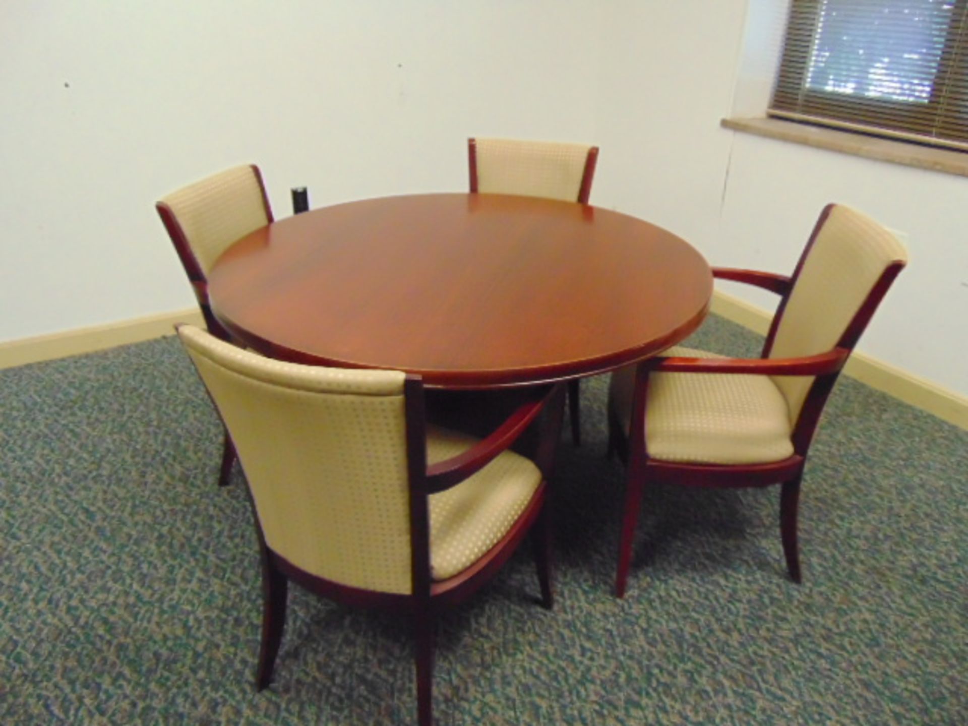 LOT CONSISTING OF: V-shaped wood desk, lateral file cabinet, bookcase, round table & (5) chairs - Image 2 of 3