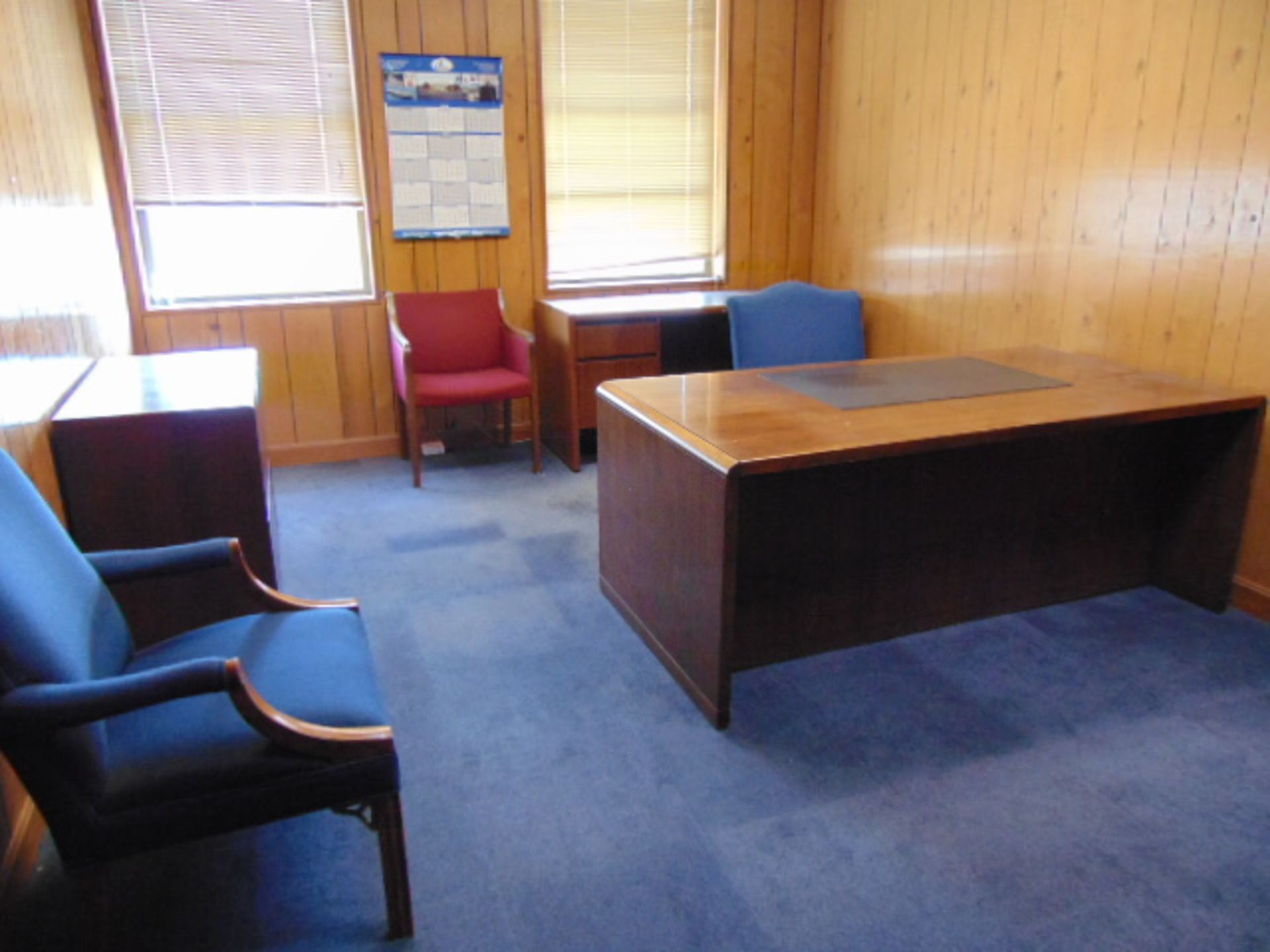 LOT CONSISTING OF: desk, table, lateral file cabinet, bookcase & (4) chairs (located upstairs)