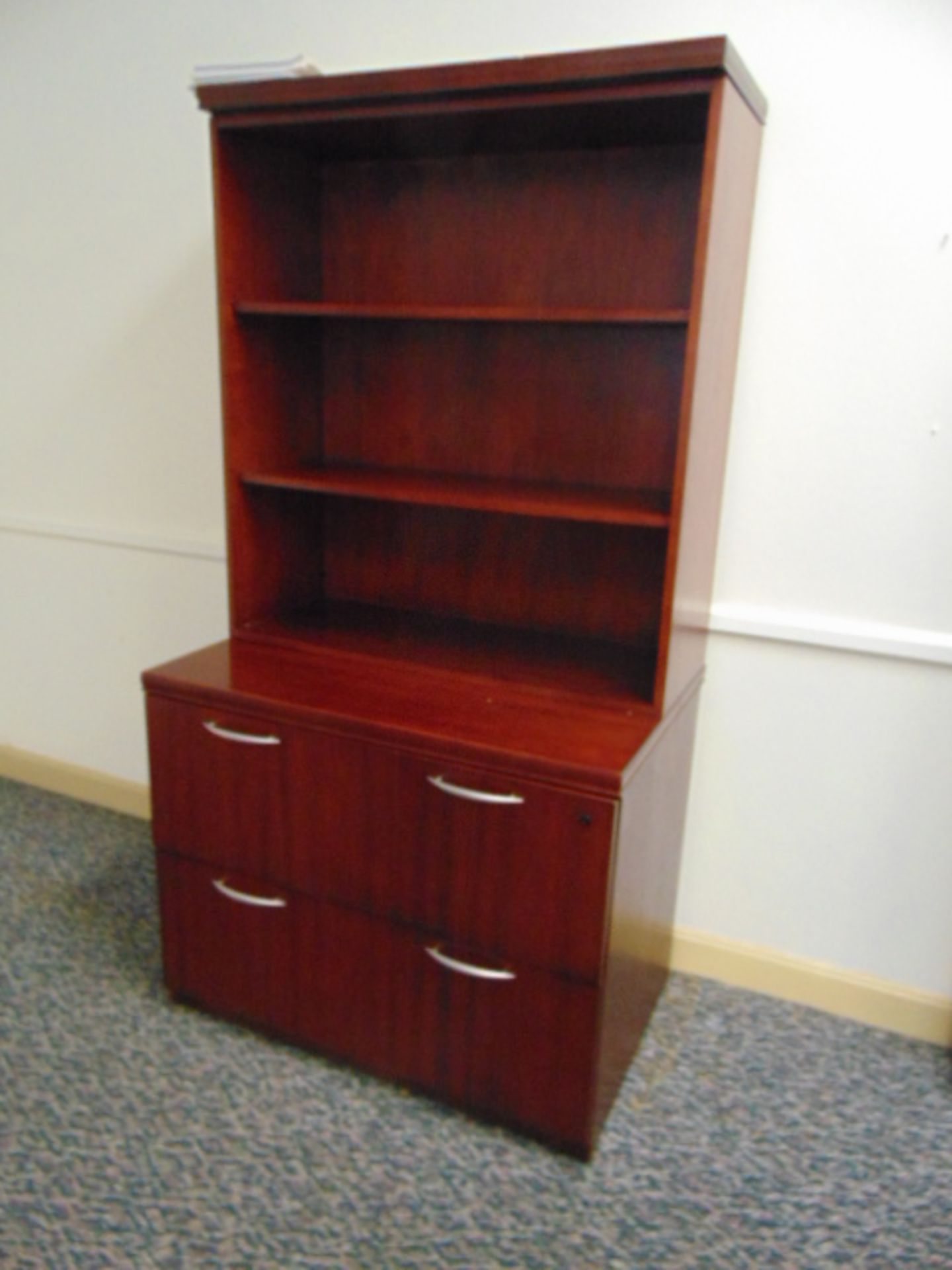 LOT CONSISTING OF: V-shaped wood desk, lateral file cabinet, bookcase, round table & (5) chairs - Image 3 of 3