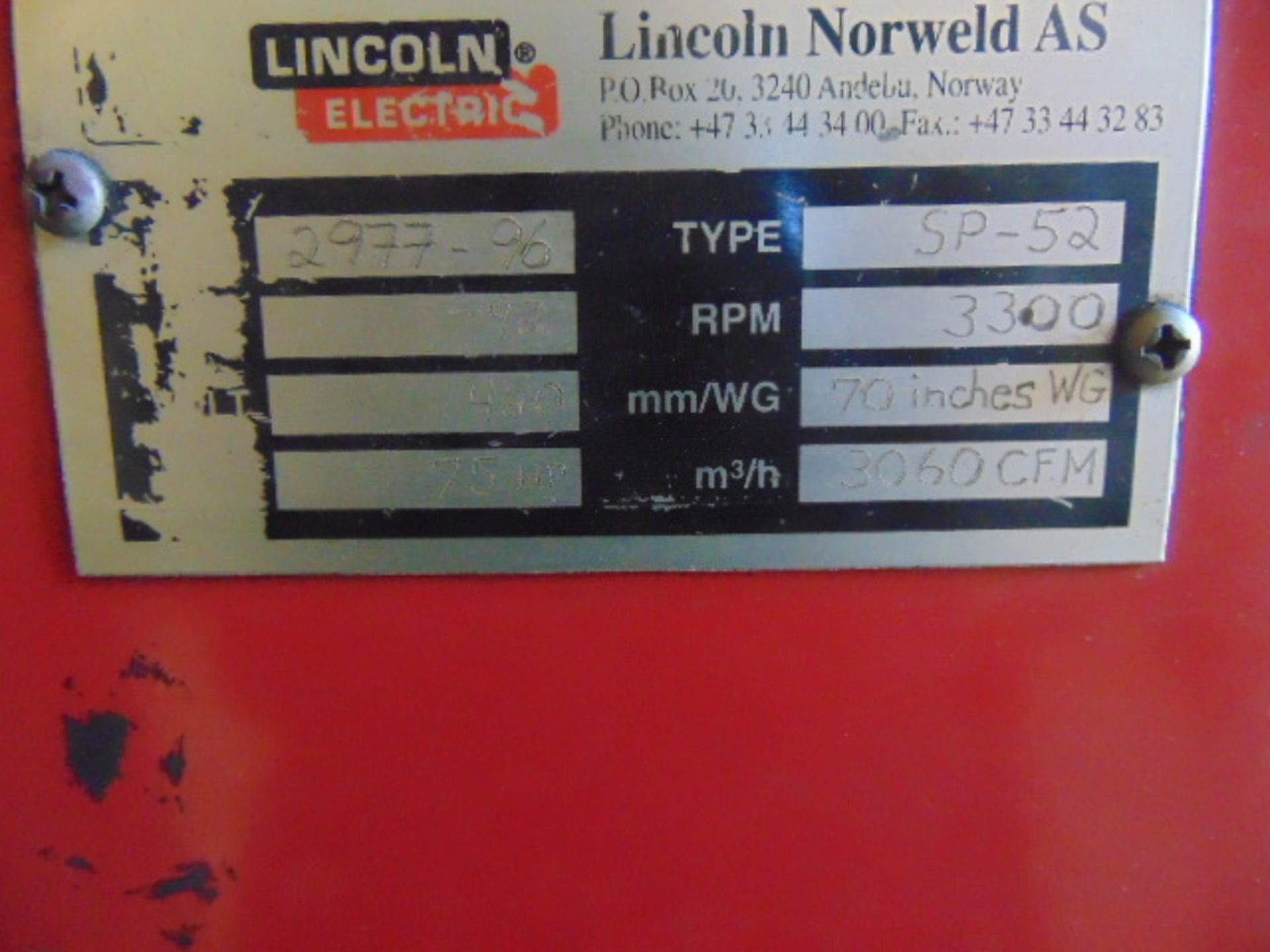 WELD FUME VACUUM SYSTEM, LINCOLN TYPE SP52, 75 HP motor, Type TU-80A, cyclone collector, S/N 2977- - Image 3 of 3