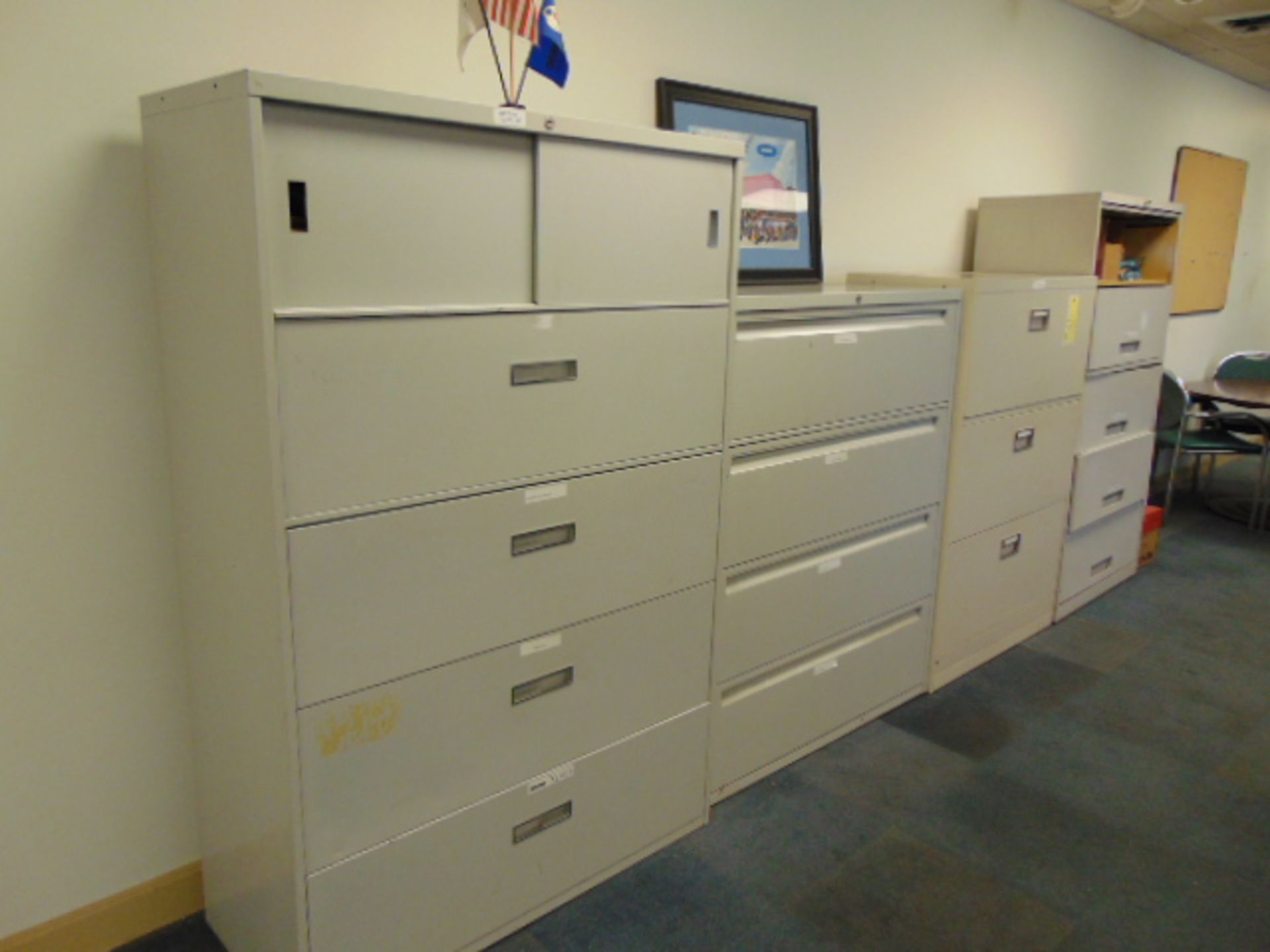 LOT OF LATERIAL FILE CABINETS (4), w/office supplies