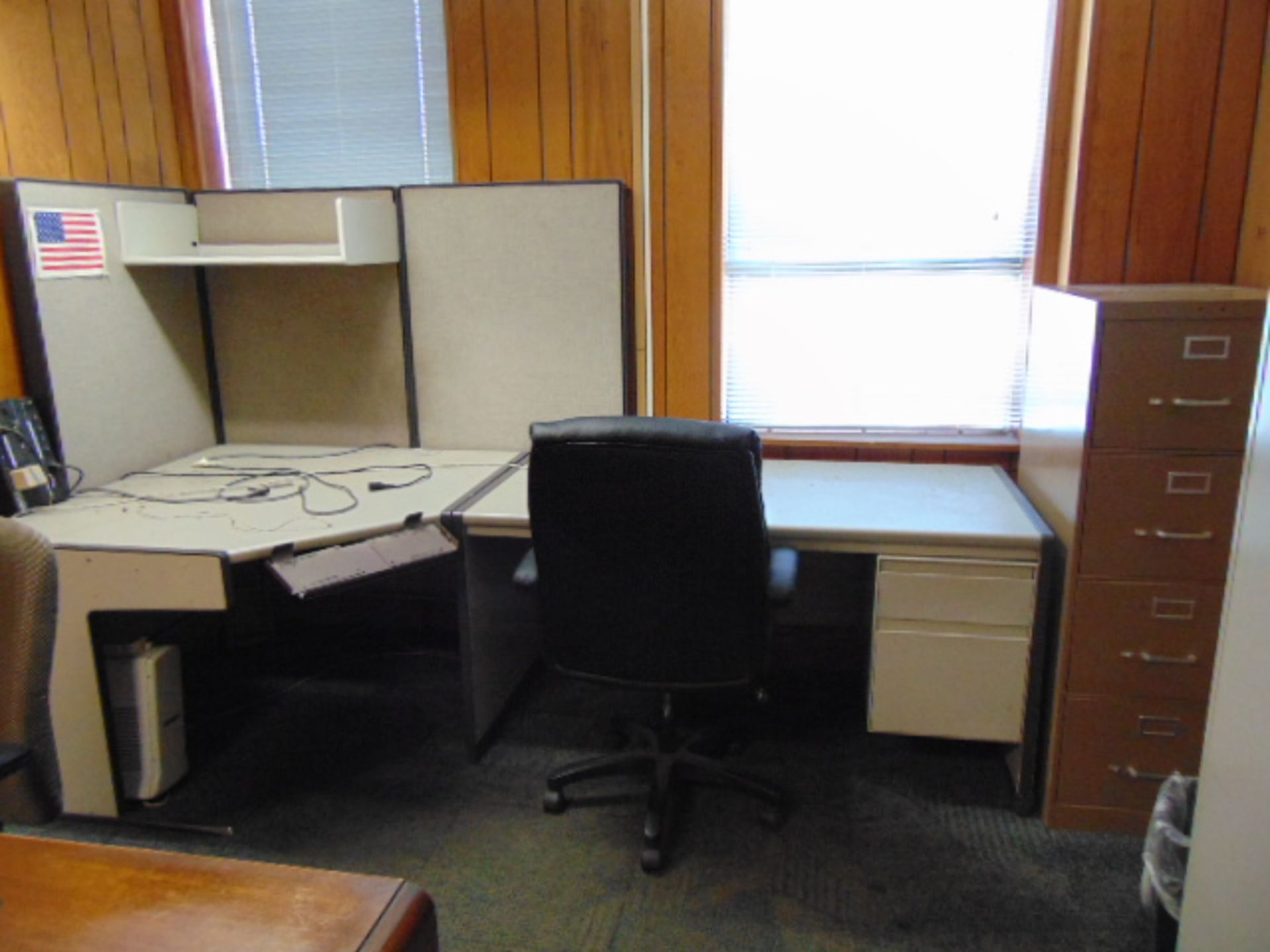 LOT CONSISTING OF: office cubicle, desk, 2-door cabinet, table, (2) chairs & (2) file cabinets (