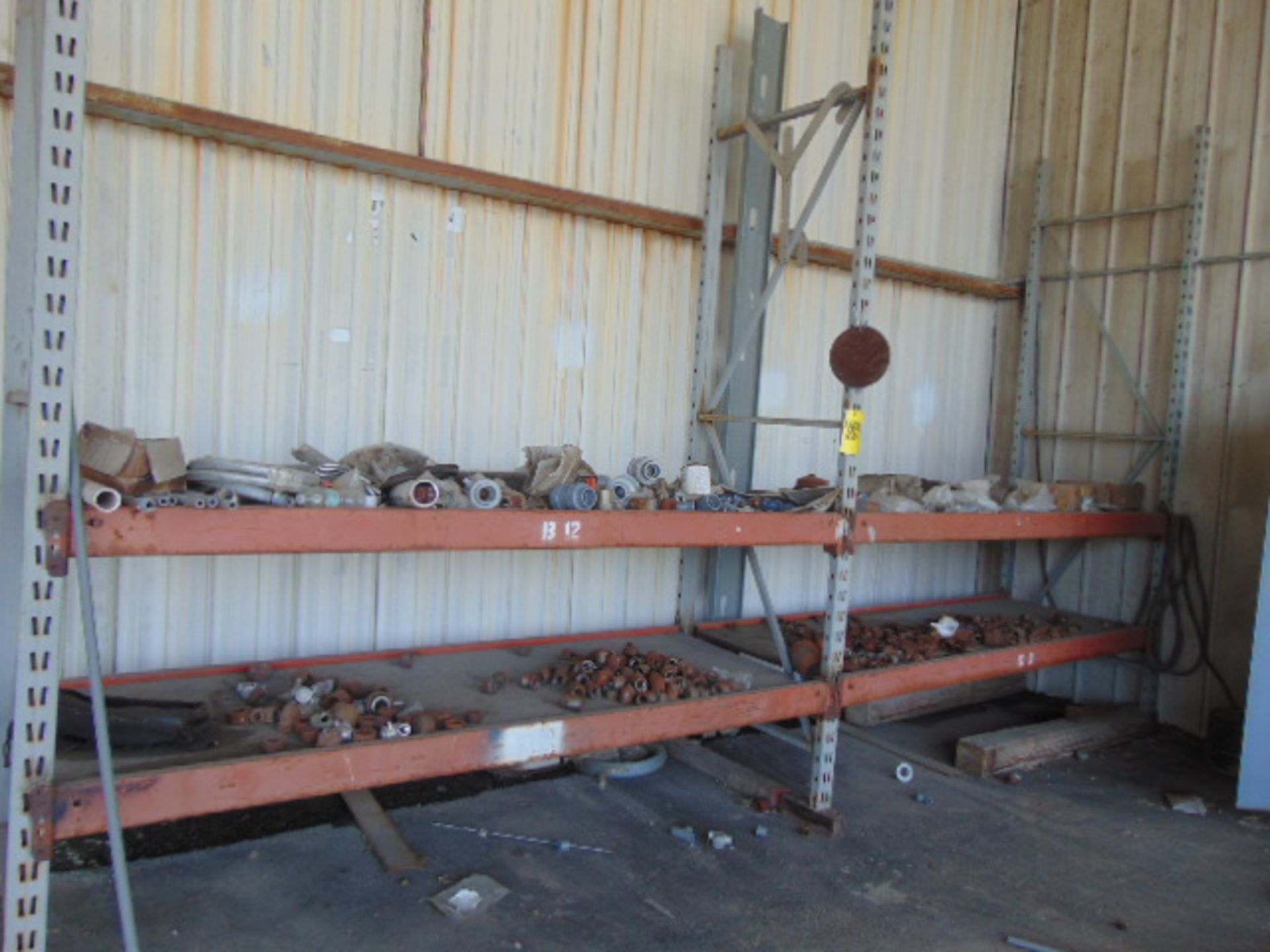 LOT CONSISTING OF: pipe fittings, w/(4) sections pallet rack & cabinet, assorted