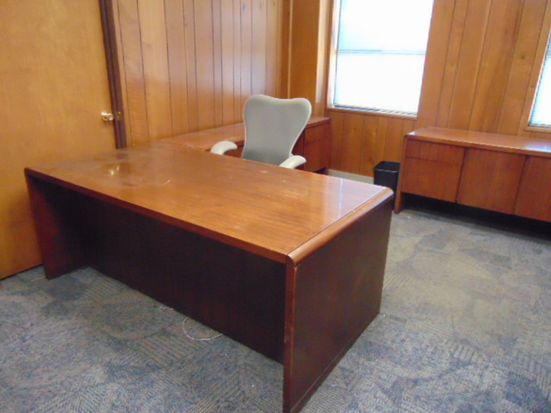 LOT CONSISTING OF: table, credenza, lateral file cabinet & (3) chairs