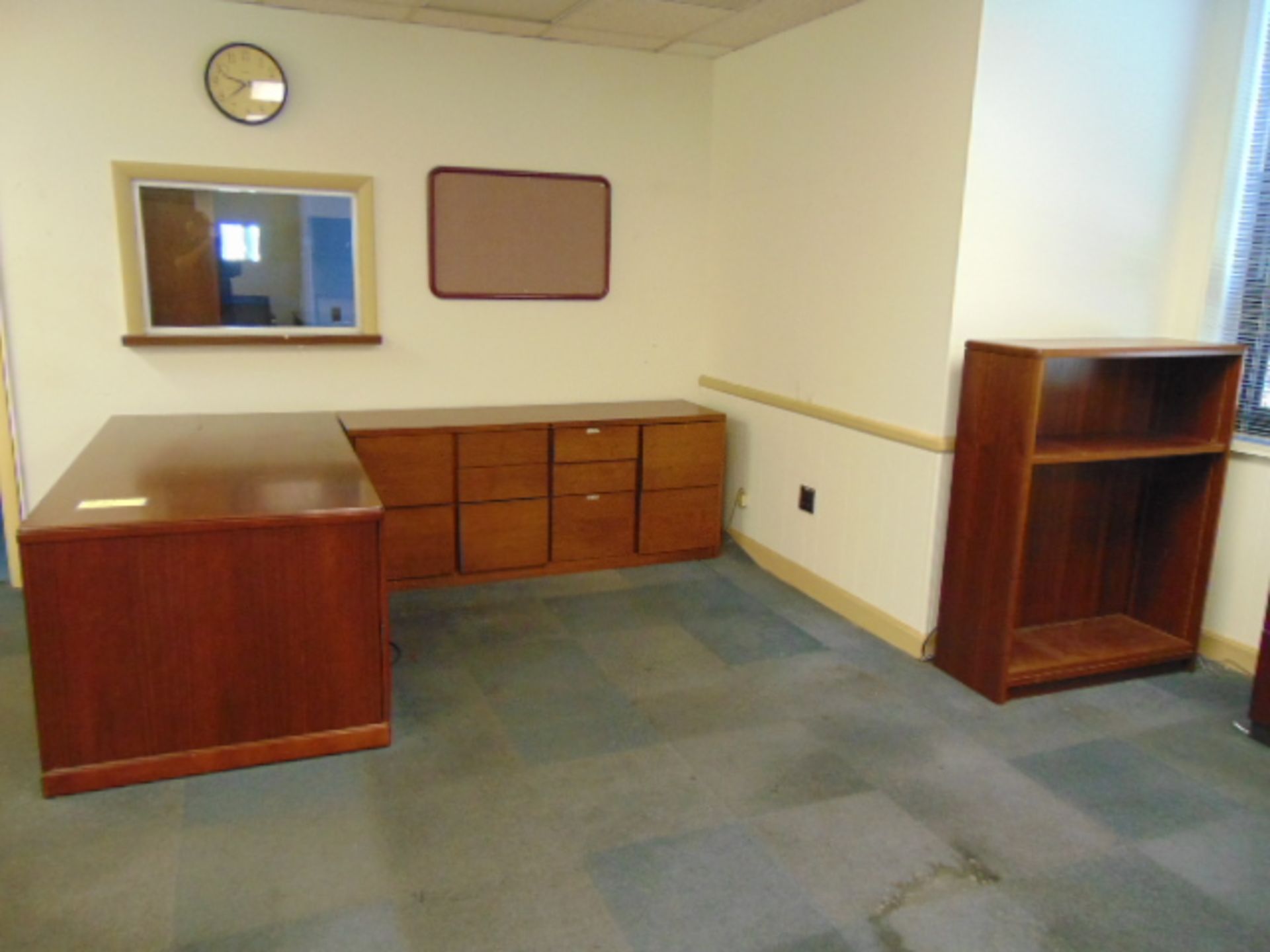 LOT CONSISTING OF: wood desk, credenza, bookcase