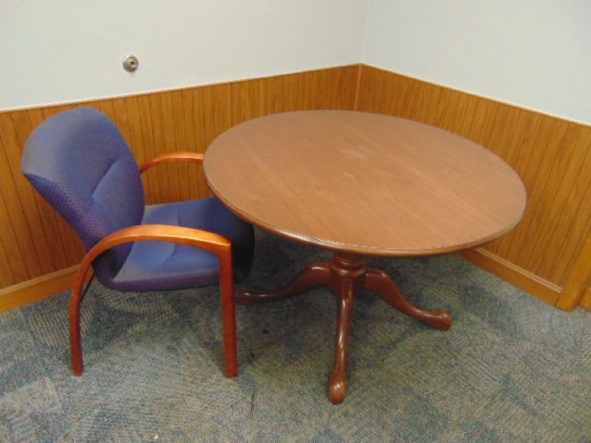 LOT CONSISTING OF: V-shaped wood desk, round table, portable white board, lateral file cabinet & (3) - Image 3 of 3