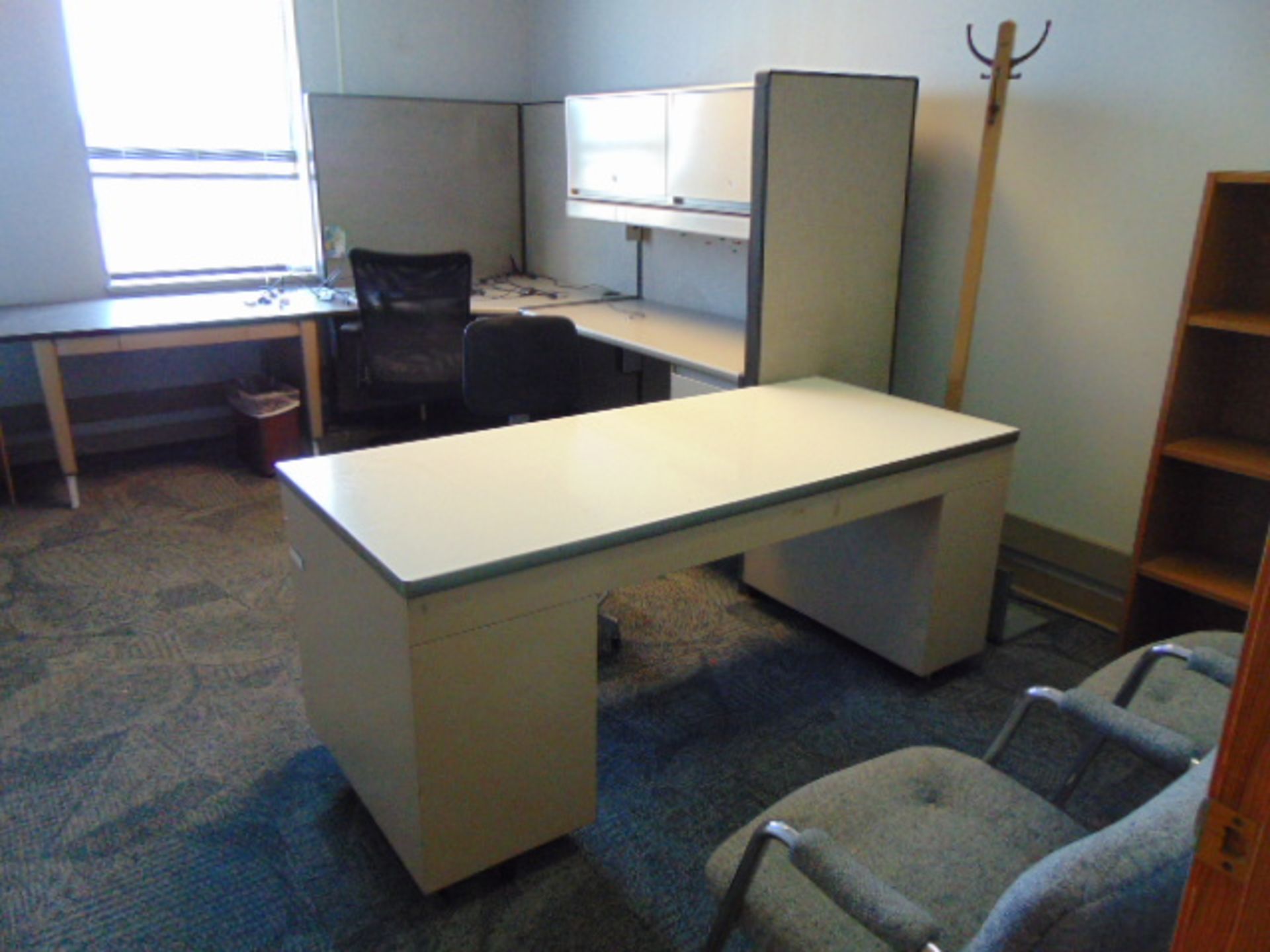 LOT CONSISTING OF: office cubicle, bookcase, (2) desks & (4) chairs (located upstairs)
