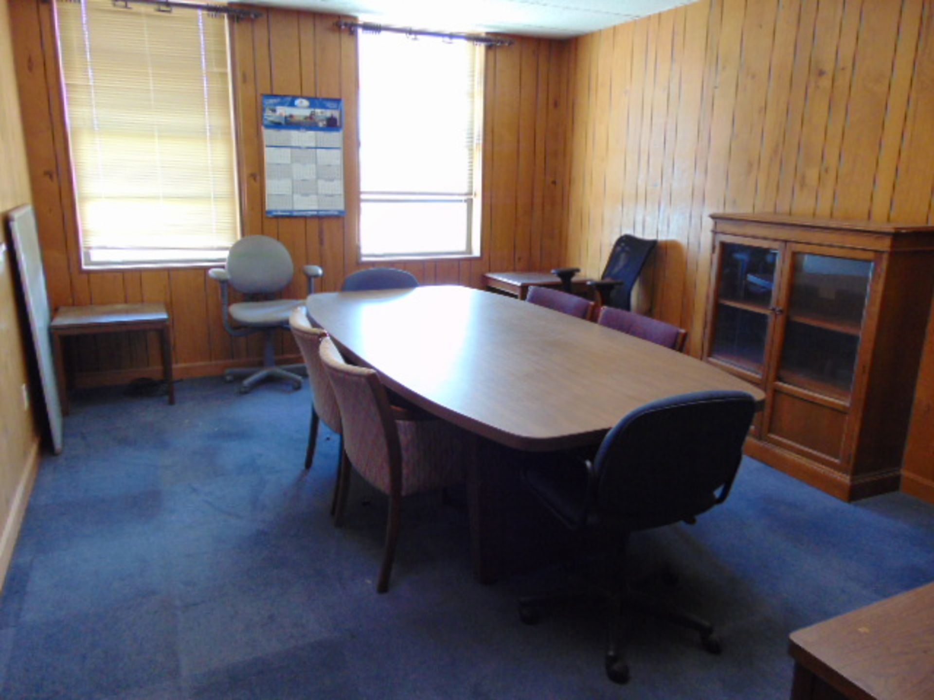 LOT CONSISTING OF: oval table, credenza, bookcase, (2) end tables & (8) chairs (located upstairs)