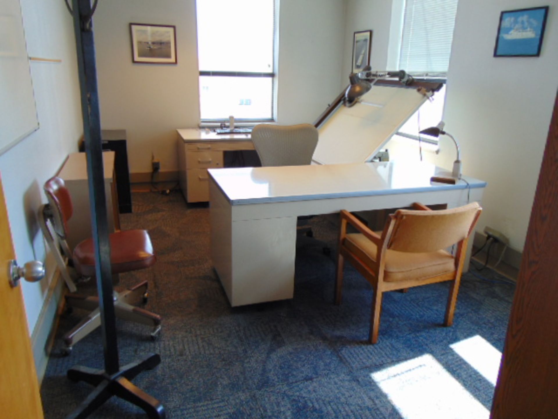 LOT CONSISTING OF: drafting table, (2) desks, (2) bookcases, file cabinet,& (3) chairs (located