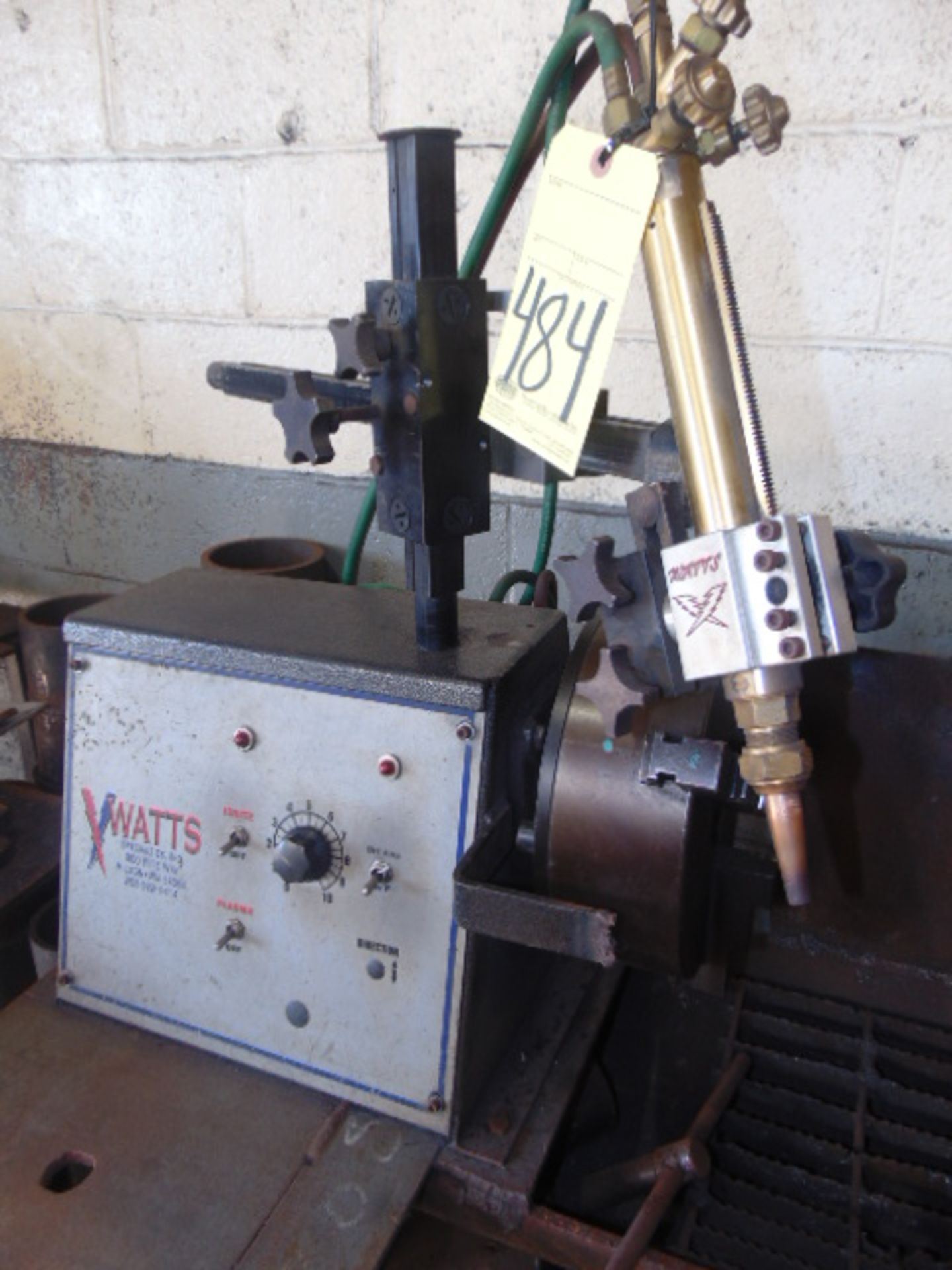 PIPE CUT-OFF MACHINE, WATTS SPECIALTIES, 12" variable spd. chuck, adj. oxy. fuel torch & - Image 2 of 2