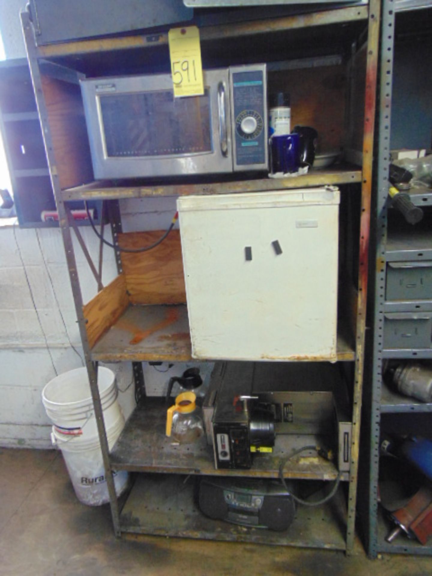 LOT CONSISTING OF: microwave oven, refrigerator, coffee maker, w/rack