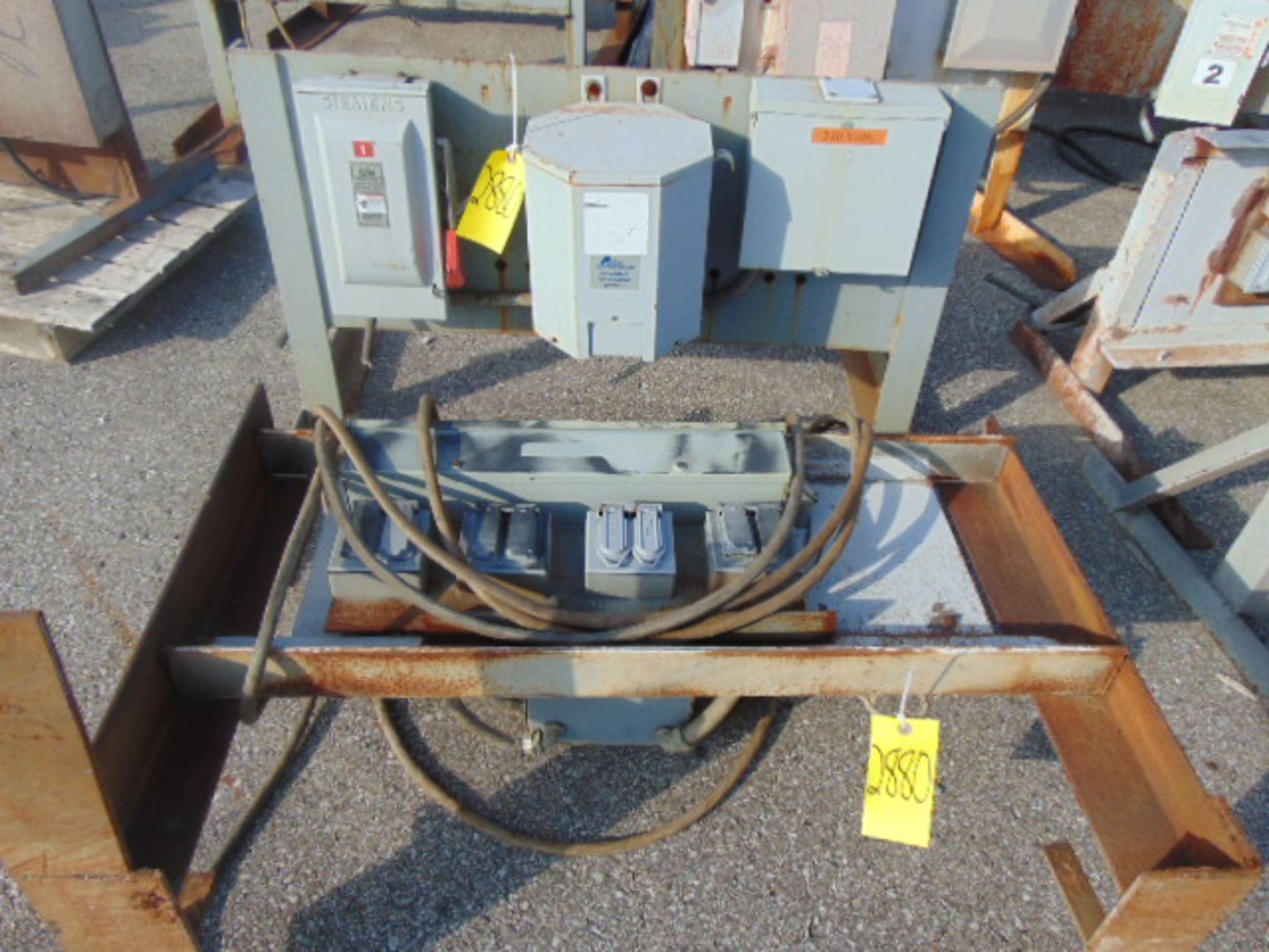 LOT OF OUTDOOR ELECTRIC PORTABLE SUB-STATIONS, w/disconnect boxes & assorted transformers