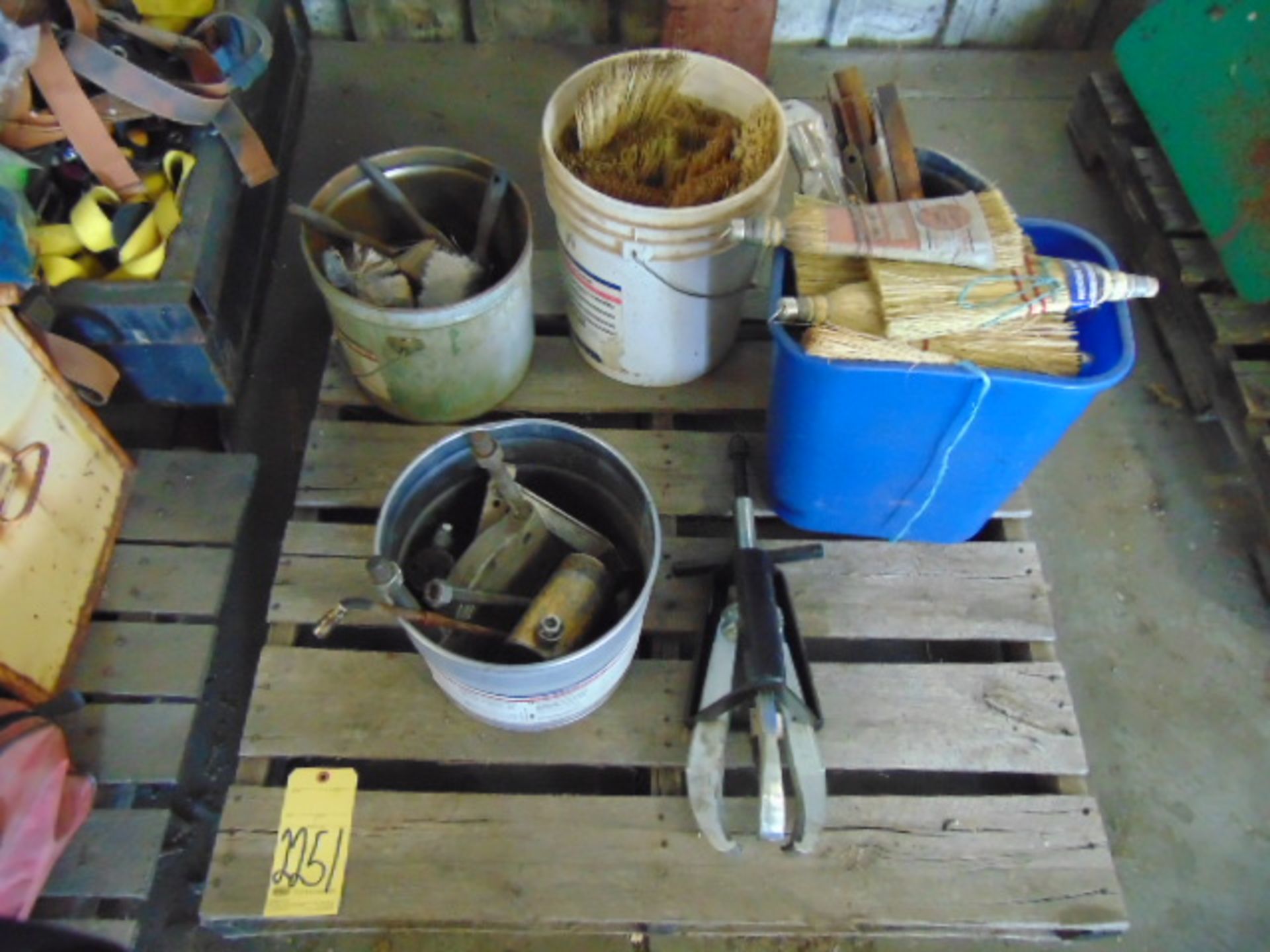 LOT CONSISTING OF: wheel pullers, whisk brooms & files (on one skid)