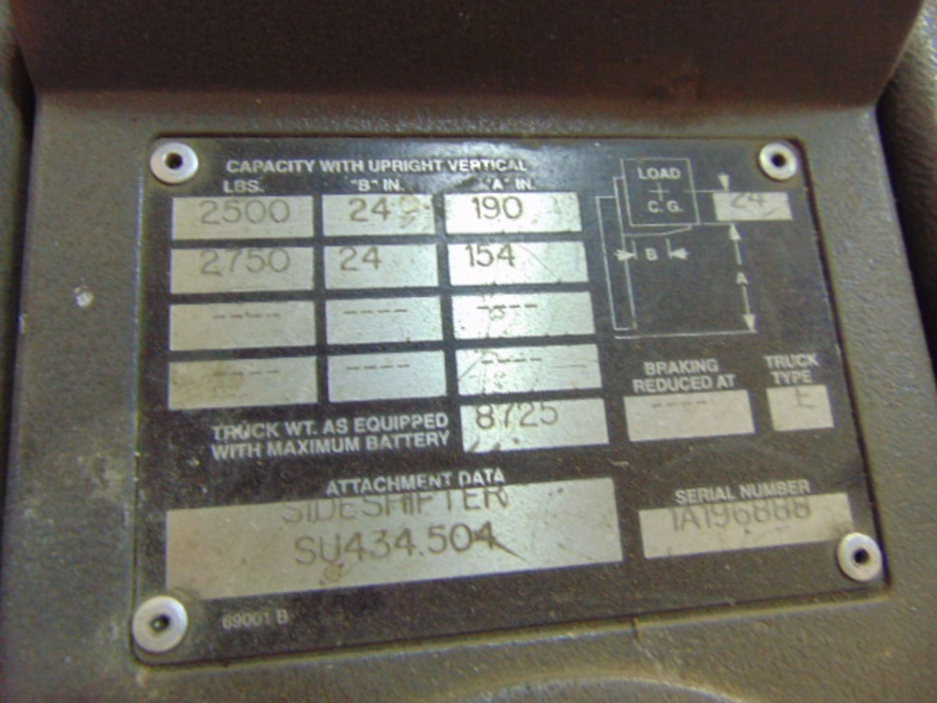 ELECTRIC FORKLIFT, CROWN, 2,500 LB. CAP., STAND-UP, 36 V., S/N 1A196888 (out of service) - Image 3 of 4