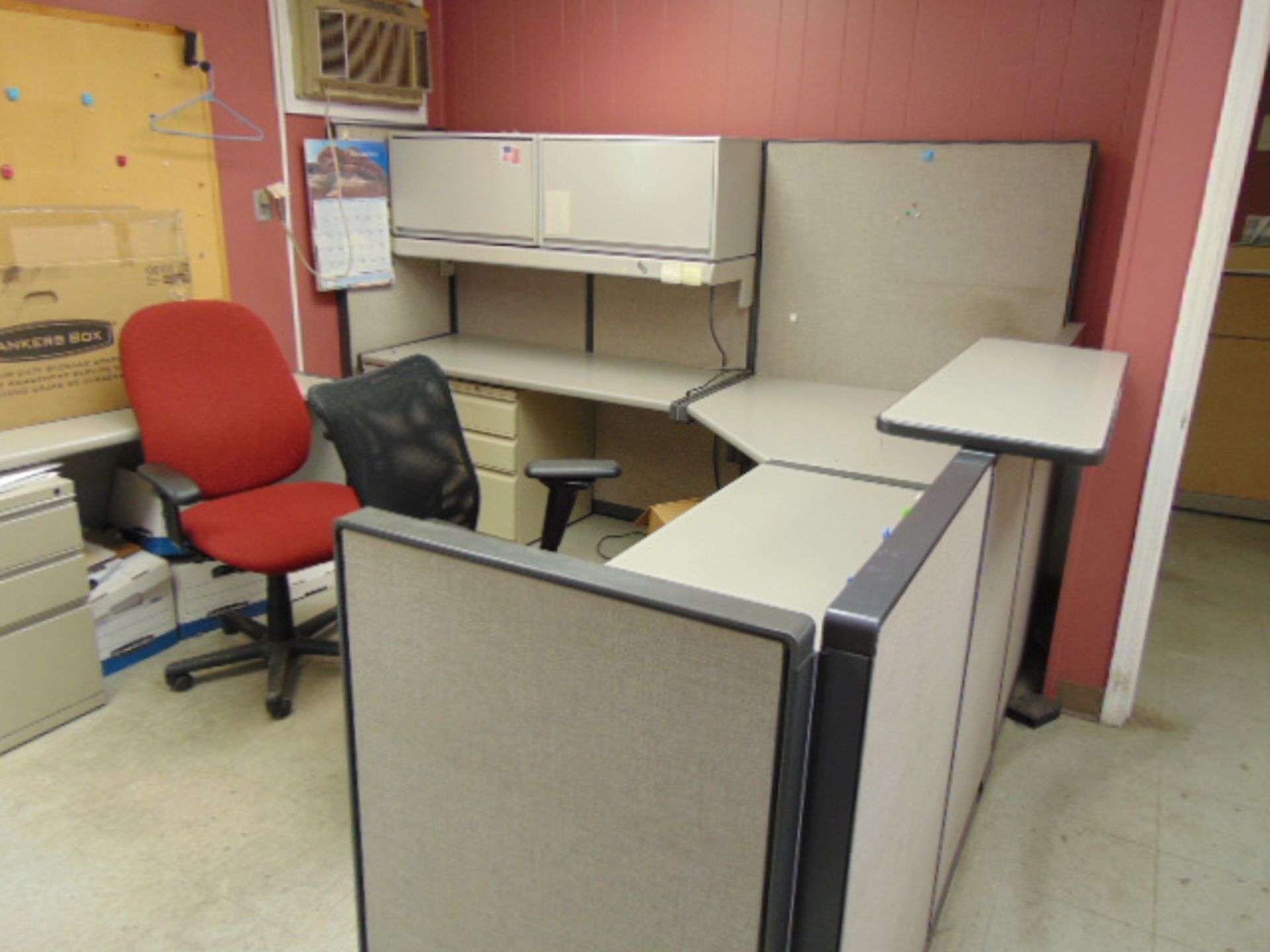 LOT CONSISTING OF: office cubicle, w/(7) file cabinets, assorted (does not include refrigerator or