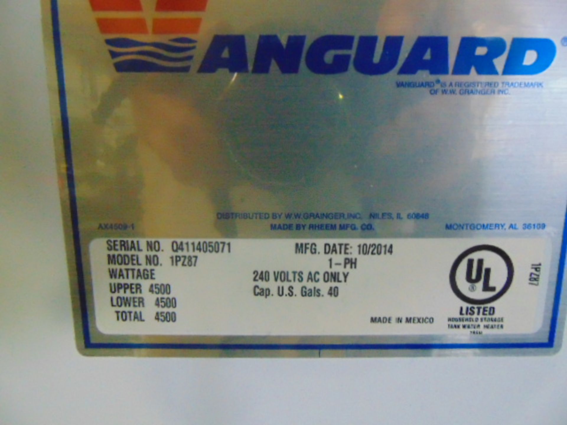 HOT WATER HEATER, VANGUARD MDL. 1PZ87, new 2014, 240 v. ac only, 40 gal. cap., sgl. Phase, - Image 2 of 2